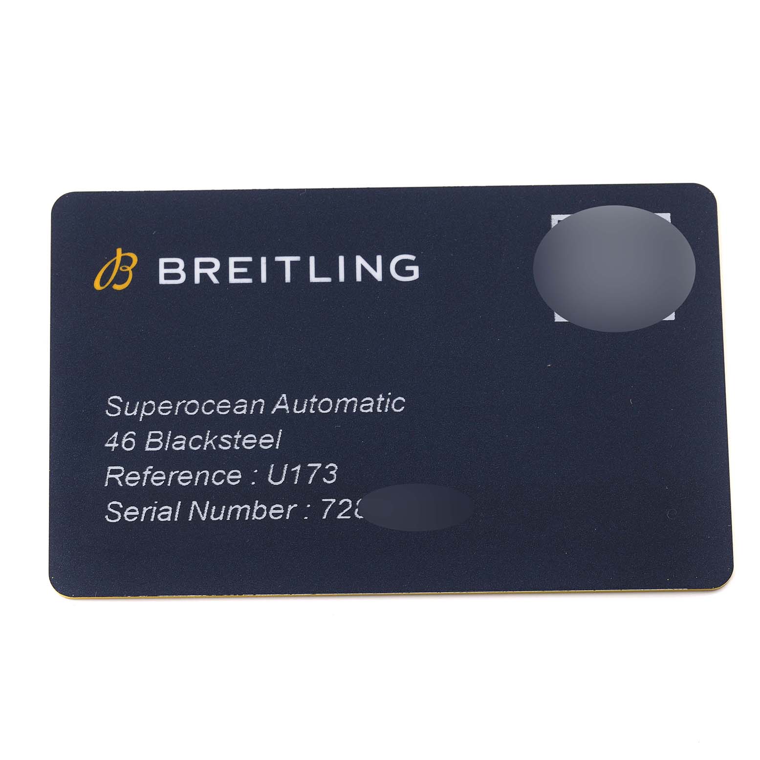 This image shows a certification card for the Breitling Superocean U17368221B1S1 Men's Steel and Gold (two tone) Black Dial U17368221B1S1 Men's Steel and Gold (two tone) Black Dial Automatic 46 Blacksteel watch, including reference and serial numbers.