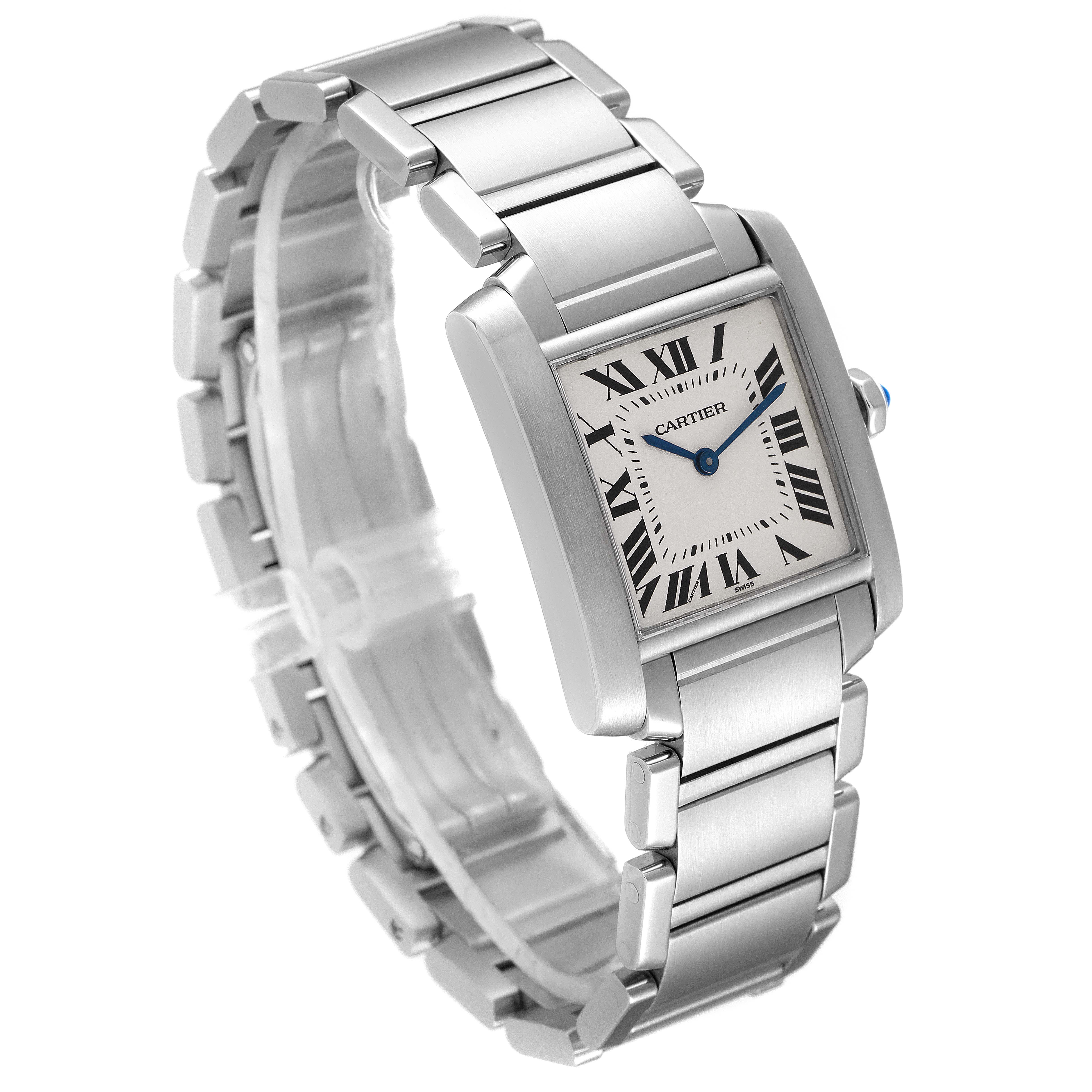 The Cartier Tank Francaise WSTA0005 Women's Stainless Steel Silver Dial WSTA0005 Women's Stainless Steel Silver Dial watch is shown at a three-quarter angle with a clear view of the face and stainless steel bracelet.