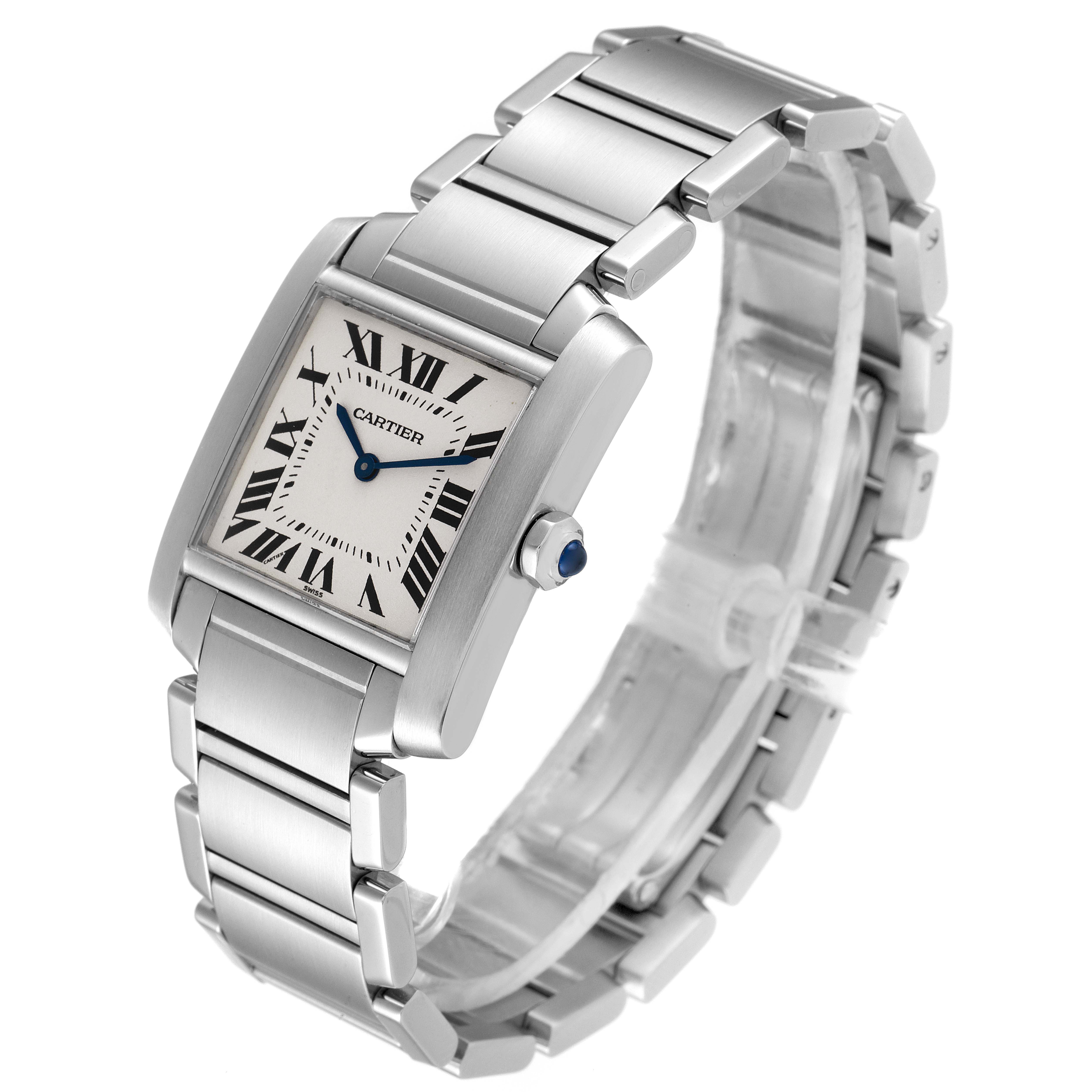 The image shows a Cartier Tank Francaise WSTA0005 Women's Stainless Steel Silver Dial WSTA0005 Women's Stainless Steel Silver Dial watch at a three-quarter angle, highlighting its bracelet and rectangular face.