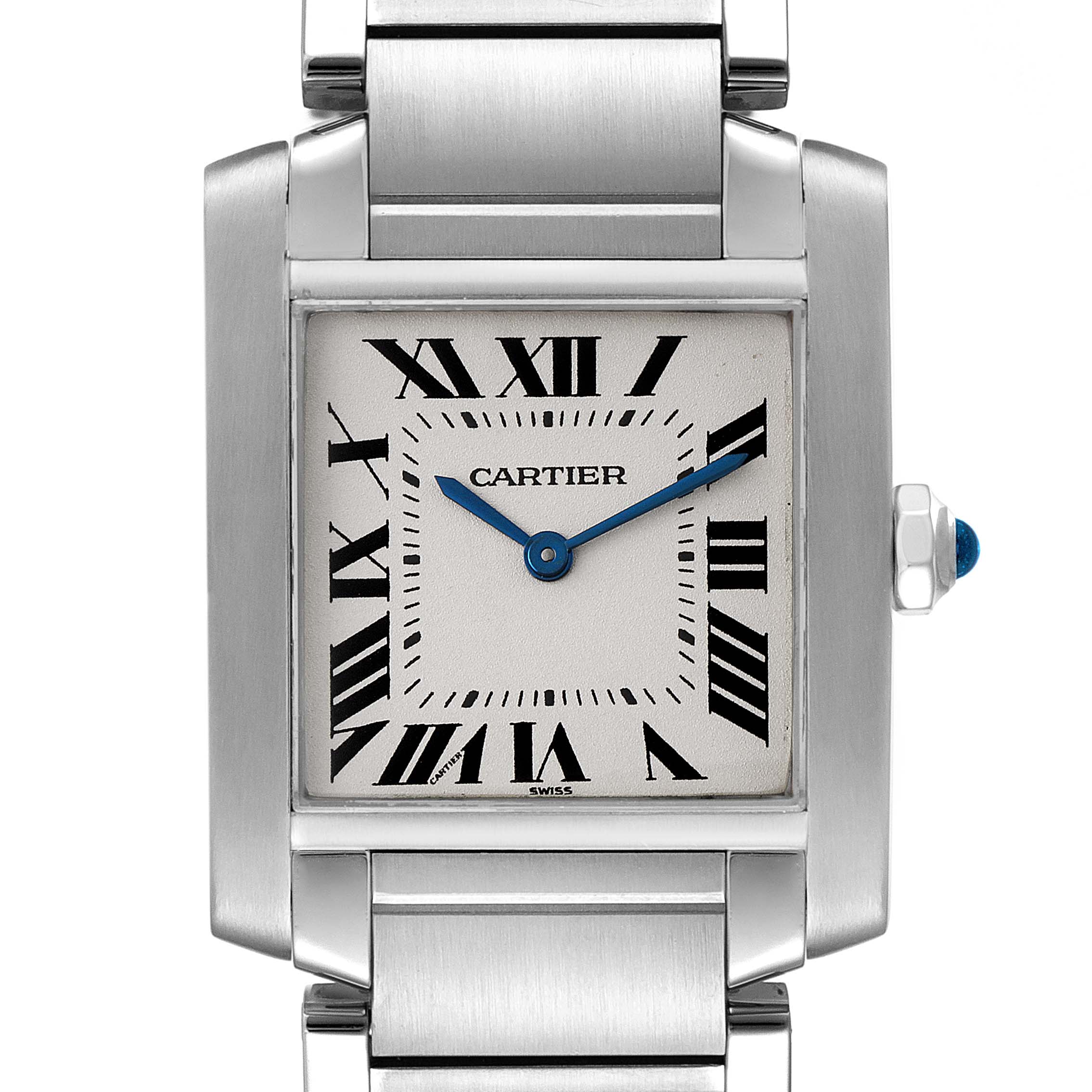 The image shows a close-up, front view of the Cartier Tank Francaise WSTA0005 Women's Stainless Steel Silver Dial WSTA0005 Women's Stainless Steel Silver Dial watch, displaying its square dial, Roman numerals, and blue sword-shaped hands.