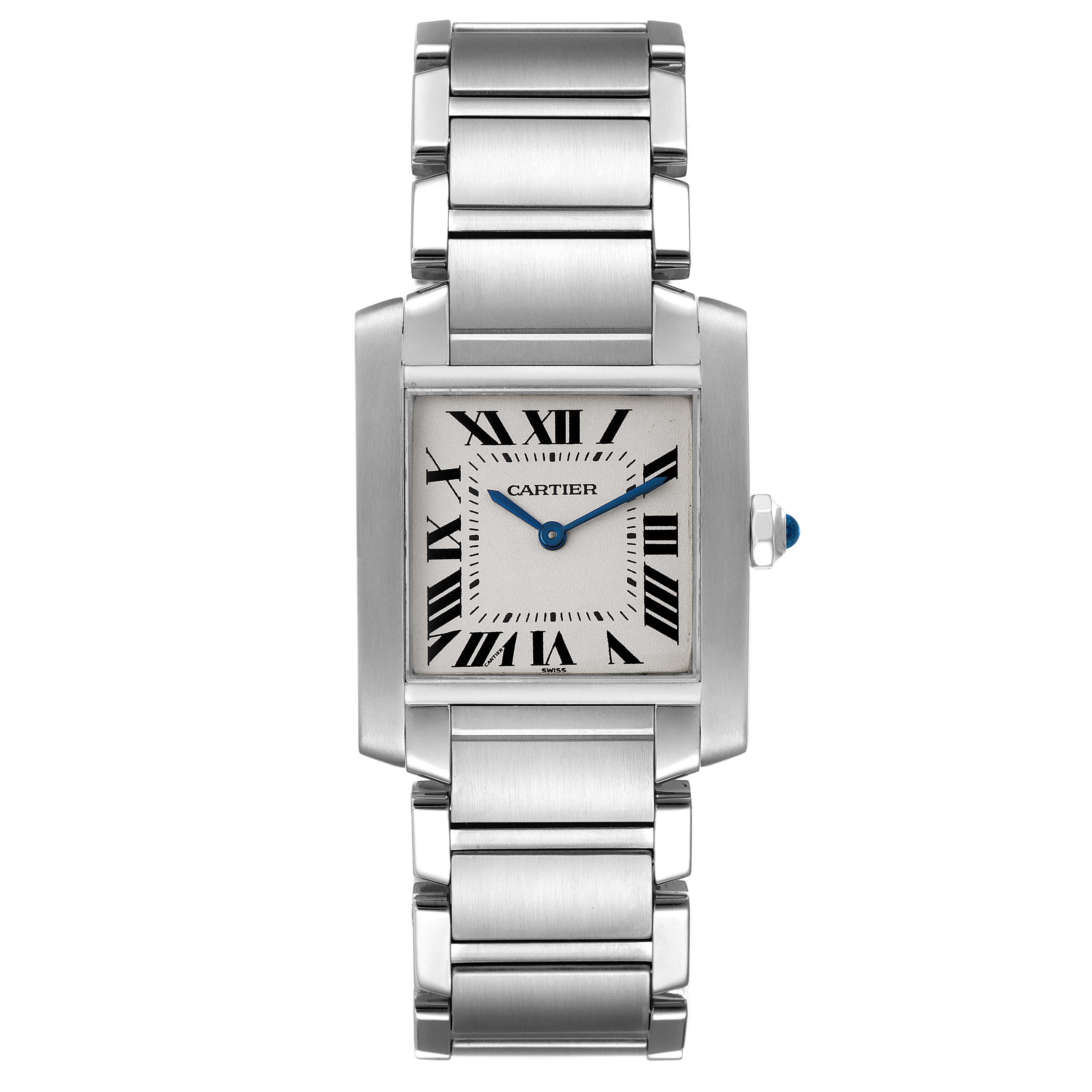 The image shows a Cartier Tank Francaise WSTA0005 Women's Stainless Steel Silver Dial WSTA0005 Women's Stainless Steel Silver Dial watch from a front-facing angle, highlighting its face, bracelet, and crown.