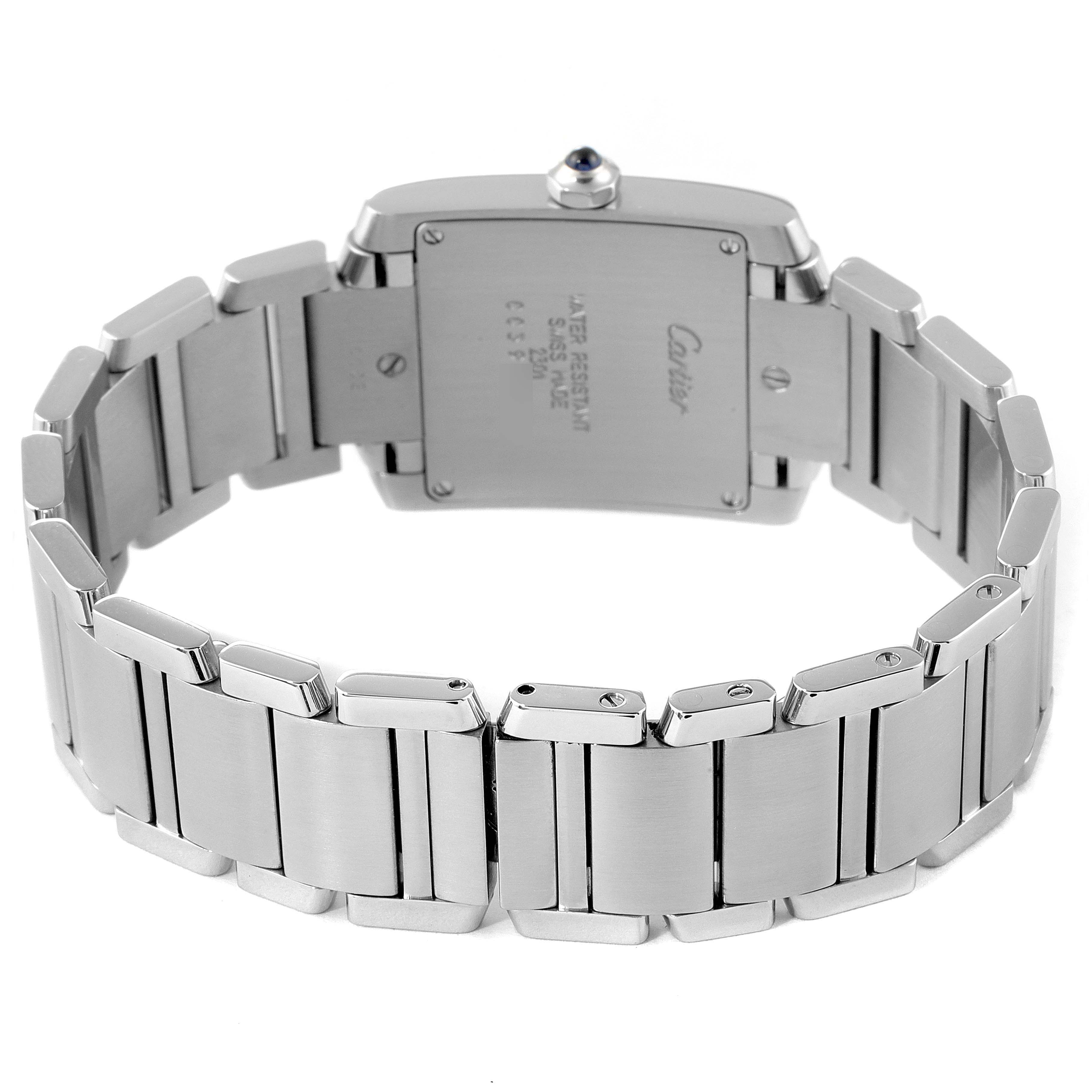The image shows the back and bracelet of a Cartier Tank Francaise WSTA0005 Women's Stainless Steel Silver Dial WSTA0005 Women's Stainless Steel Silver Dial watch, highlighting the clasp and case back details.