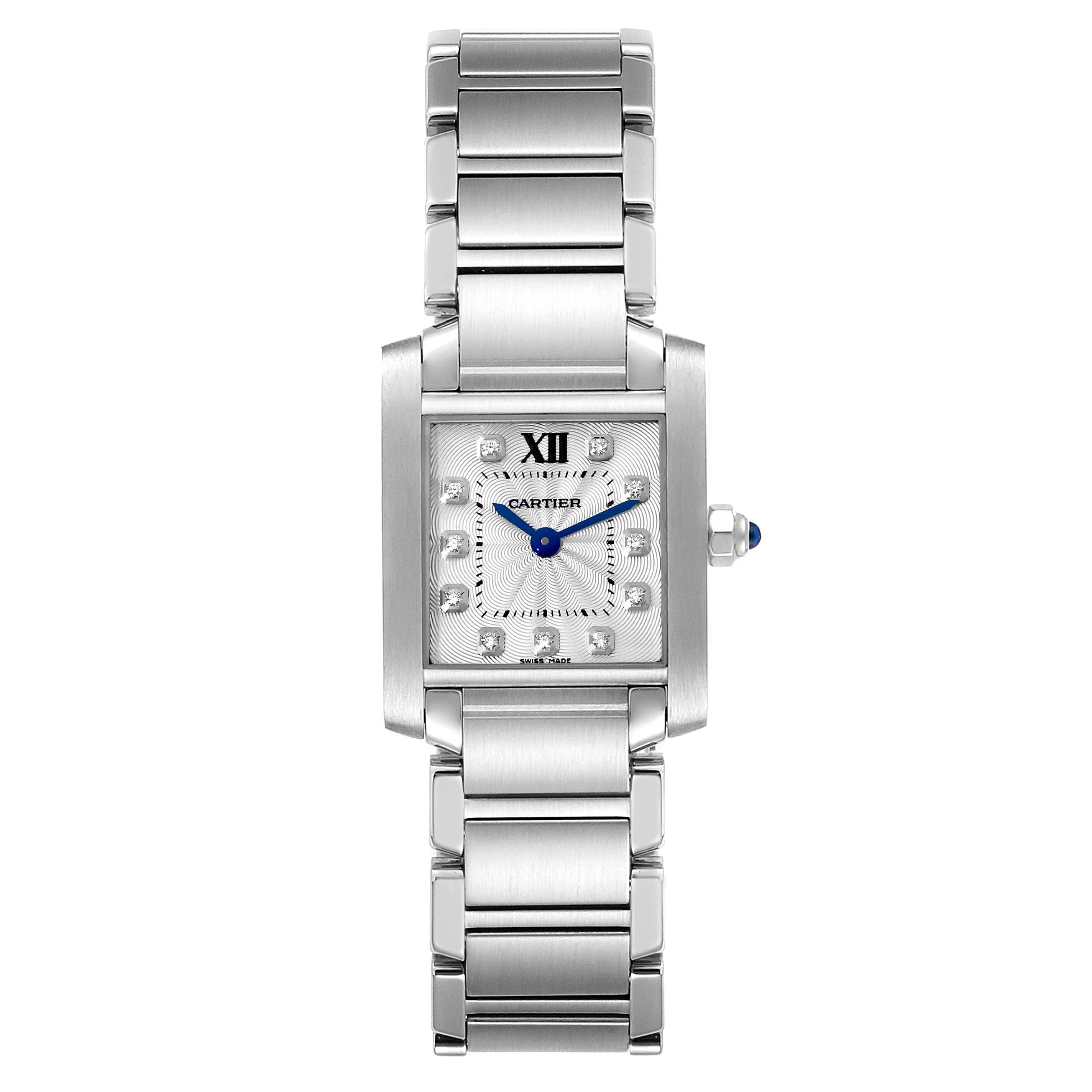 The Cartier Tank Francaise WE110006 Women's Stainless Steel Silver Dial WE110006 Women's Stainless Steel Silver Dial watch is shown from a top-down angle, highlighting its silver bracelet, rectangular case, and blue hands.
