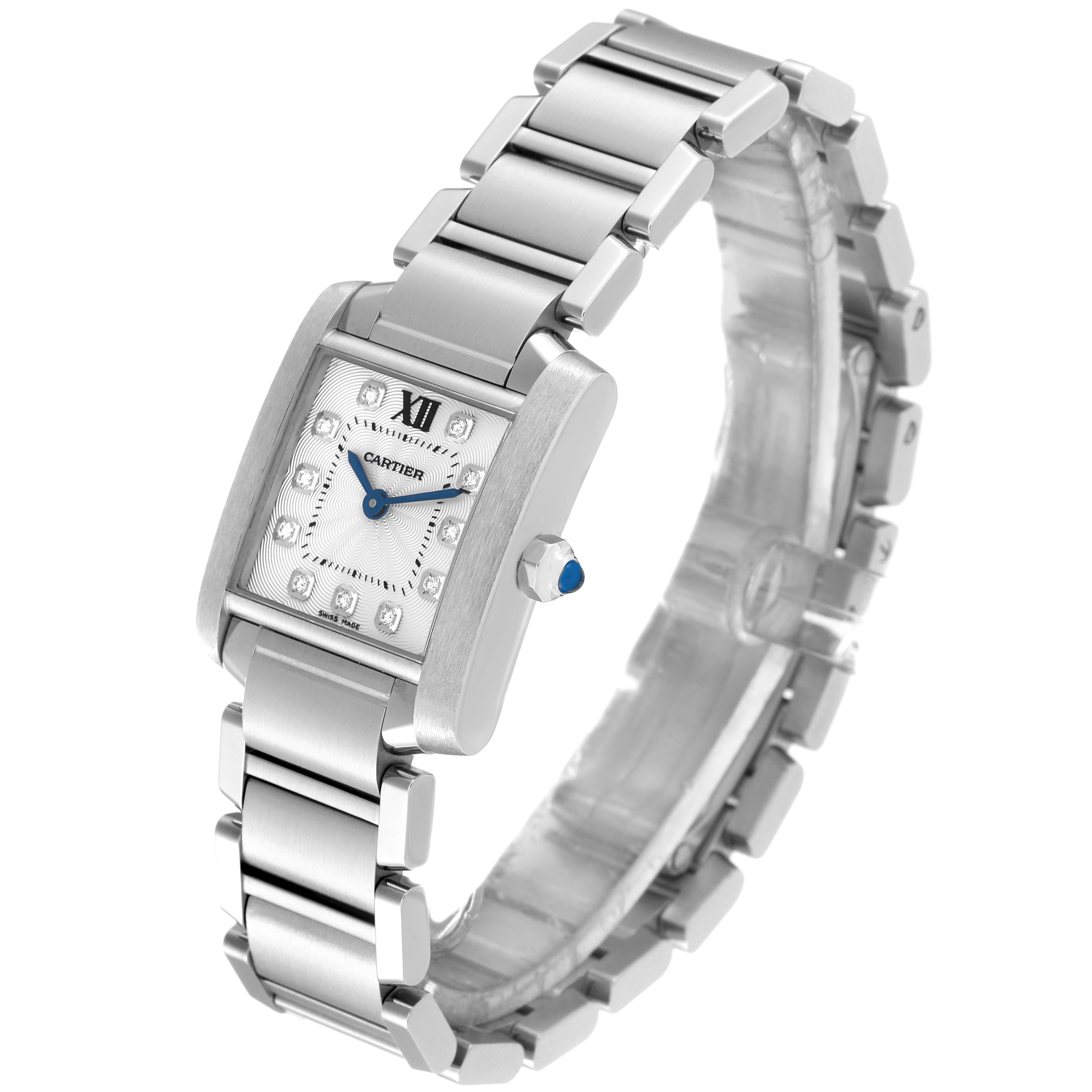 This image shows a Cartier Tank Francaise WE110006 Women's Stainless Steel Silver Dial WE110006 Women's Stainless Steel Silver Dial watch at a 3/4 angle, highlighting the face, bracelet, and crown.