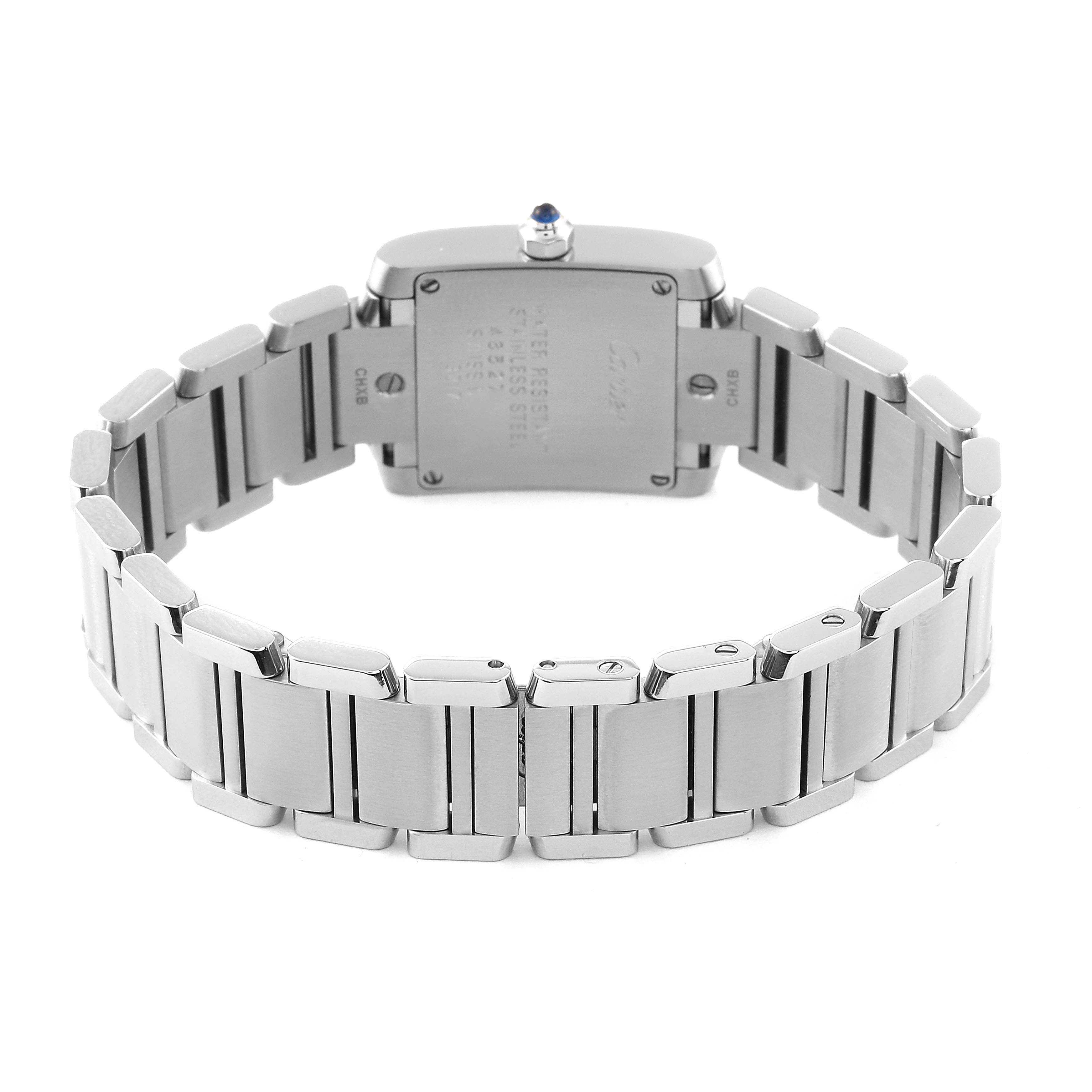 This image shows the back of a Cartier Tank Francaise WE110006 Women's Stainless Steel Silver Dial WE110006 Women's Stainless Steel Silver Dial watch, focusing on the case back and the stainless steel bracelet.