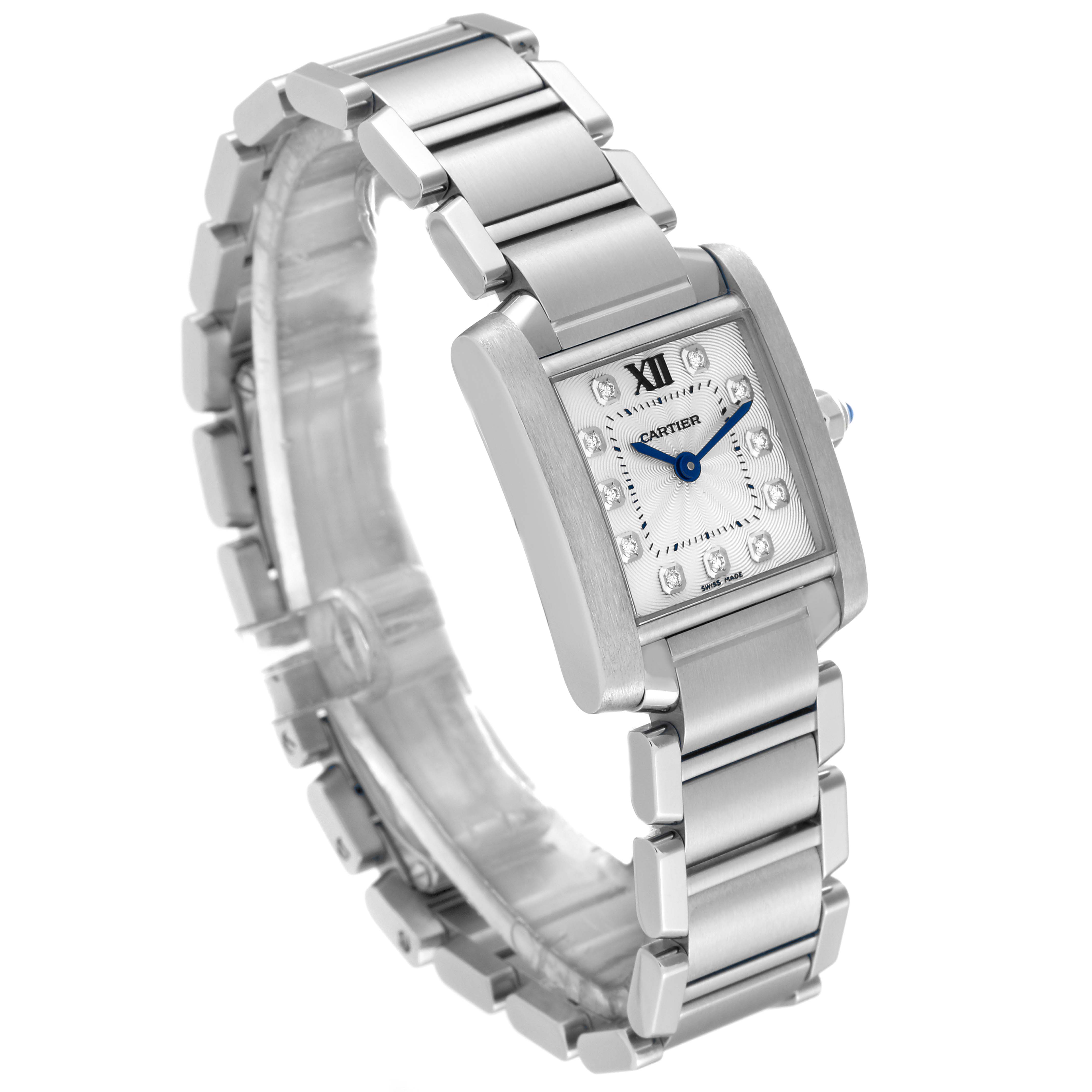 The Tank Française watch by Cartier is shown from a front-angled view, displaying its rectangular face and metal bracelet.