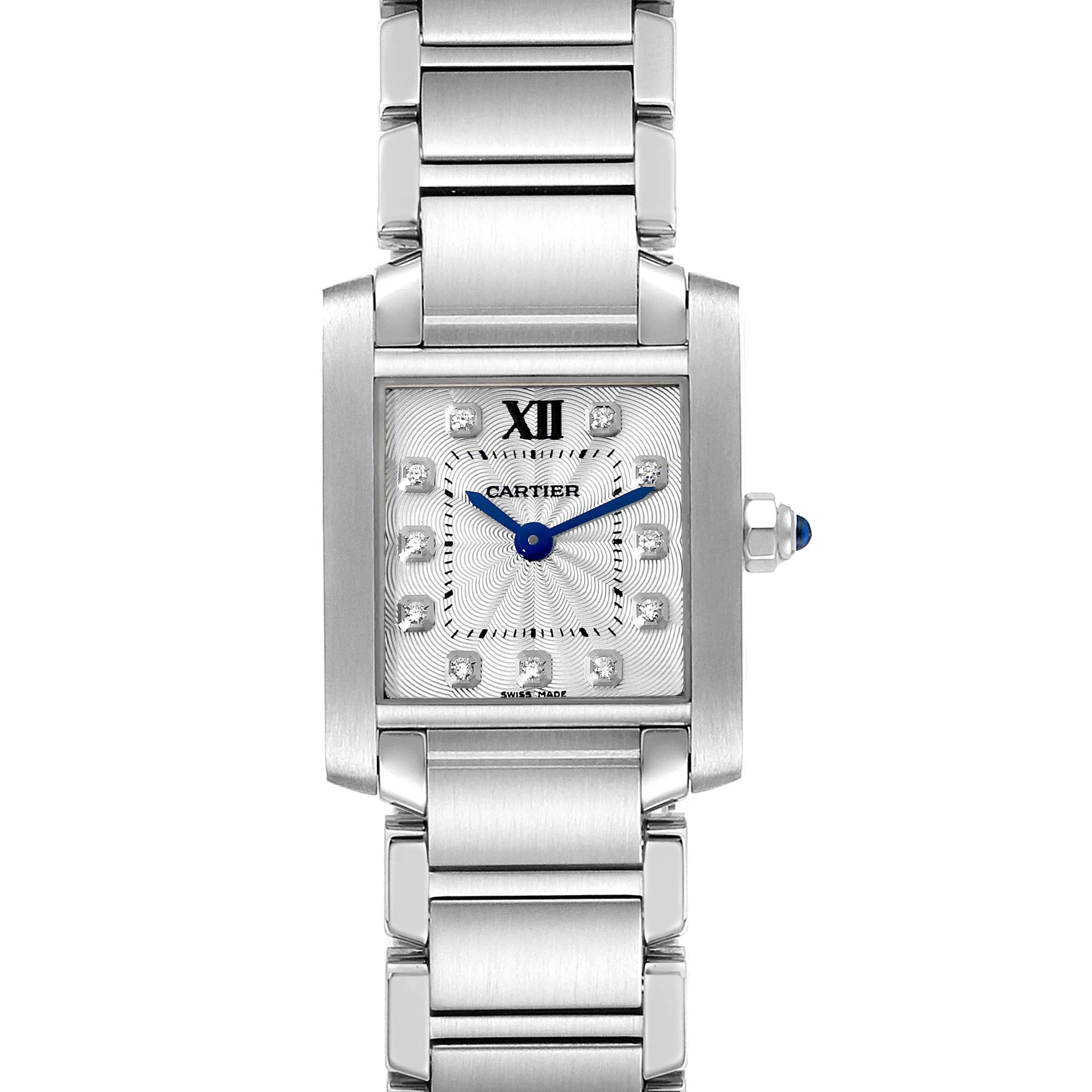 This is a front view of the Cartier Tank Française watch, showcasing its face, bracelet, and crown.