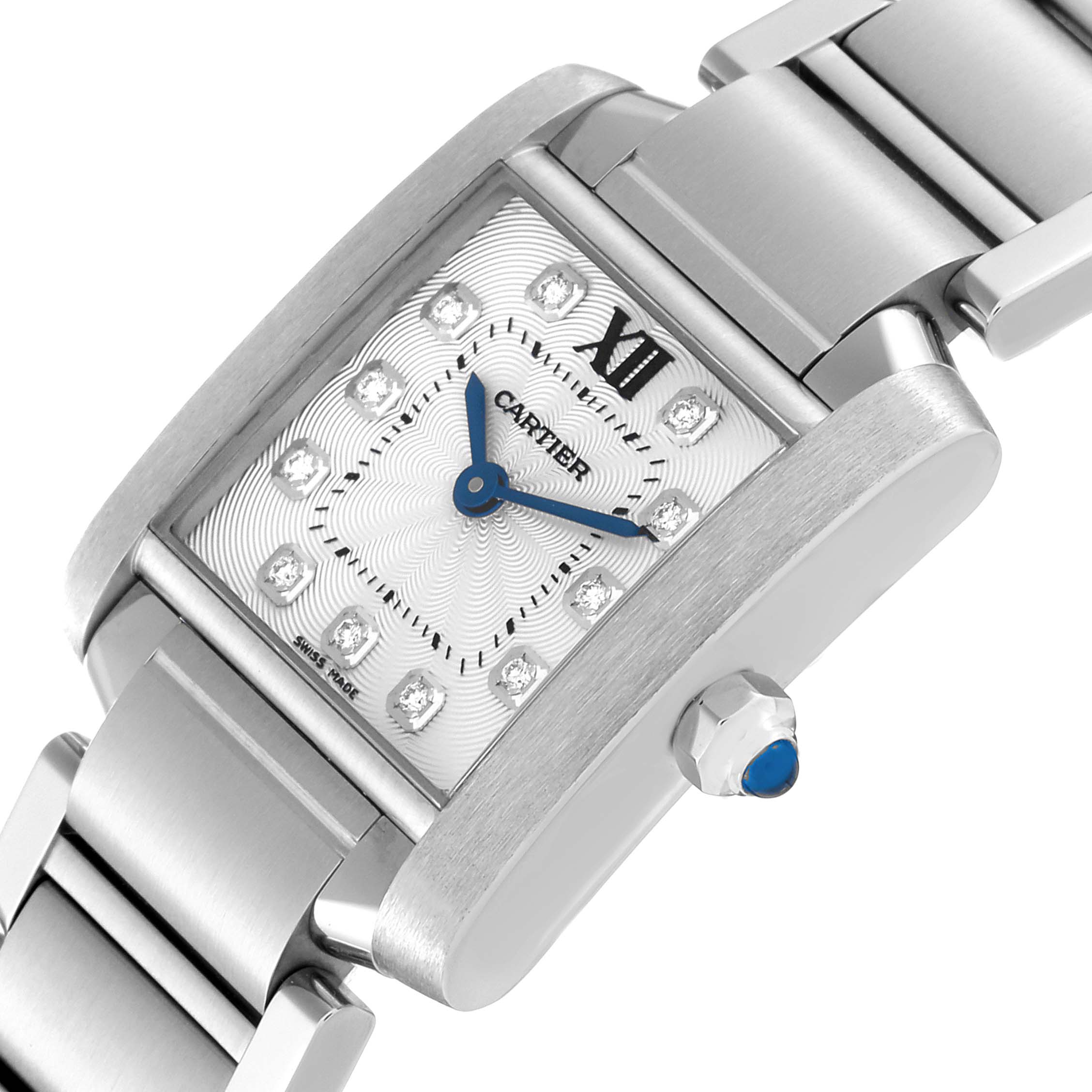 This is a close-up of a Cartier Tank Française watch, showing its face, bezel, crown, and part of the bracelet.