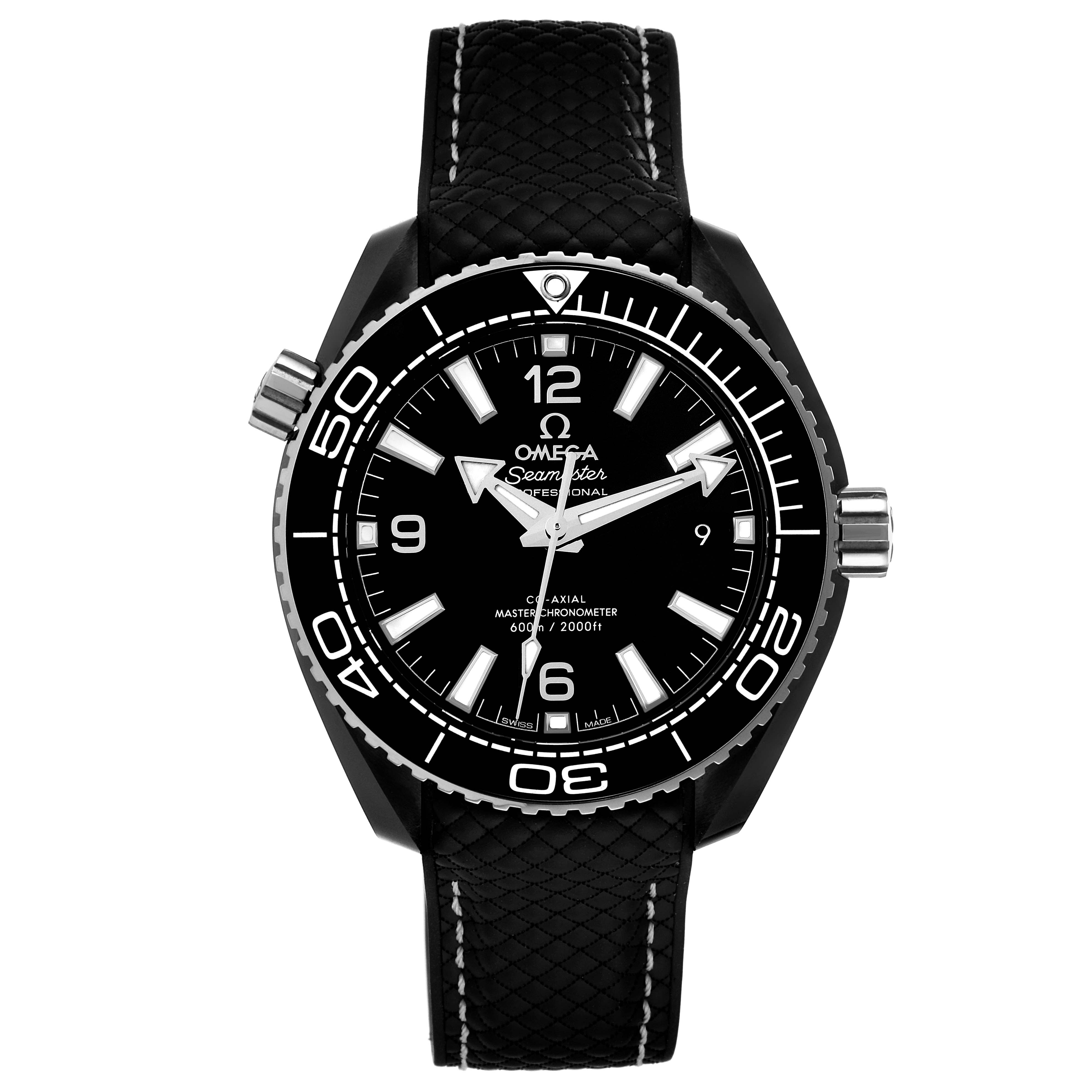 The image shows a front view of the Omega Planet Ocean 215.92.40.20.01.001 Men's Ceramic Black Dial 215.92.40.20.01.001 Men's Ceramic Black Dial watch, highlighting the dial, bezel, and leather strap.