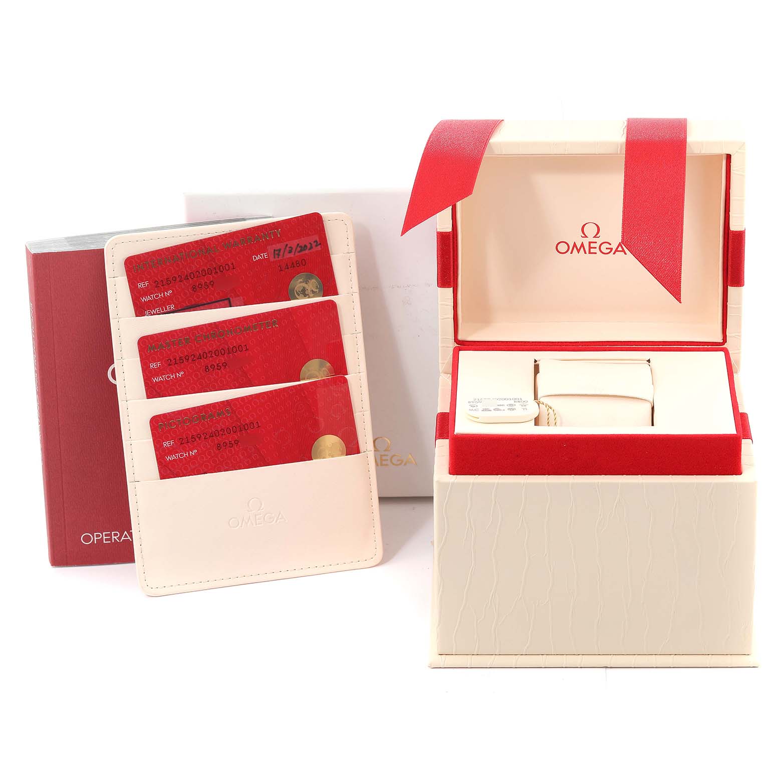 This image shows the packaging, warranty cards, operating instructions, and storage box for the Omega Planet Ocean 215.92.40.20.01.001 Men's Ceramic Black Dial 215.92.40.20.01.001 Men's Ceramic Black Dial model watch.