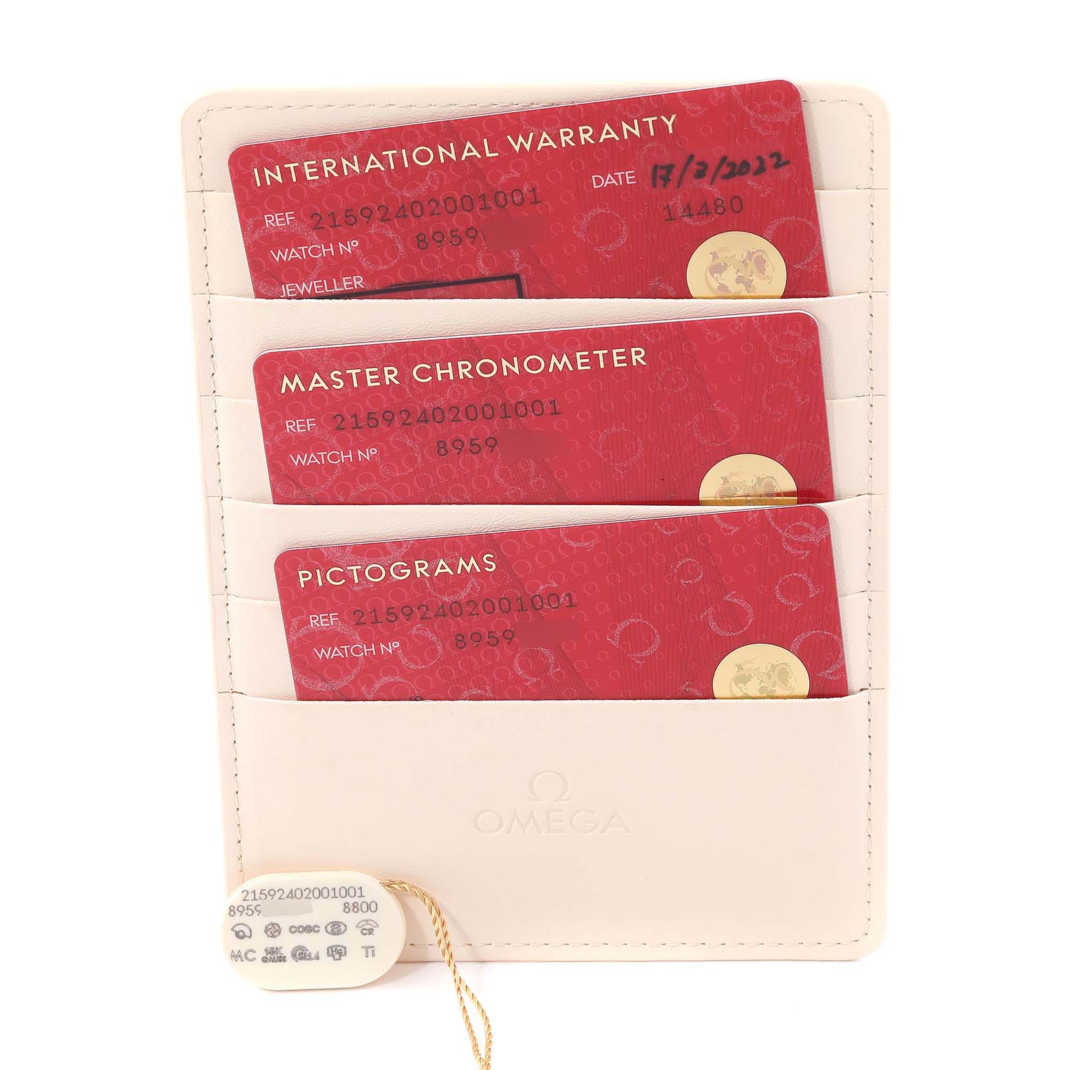 The image shows the guarantee cards and tags that come with the Omega Planet Ocean 215.92.40.20.01.001 Men's Ceramic Black Dial 215.92.40.20.01.001 Men's Ceramic Black Dial model, placed in a cardholder.