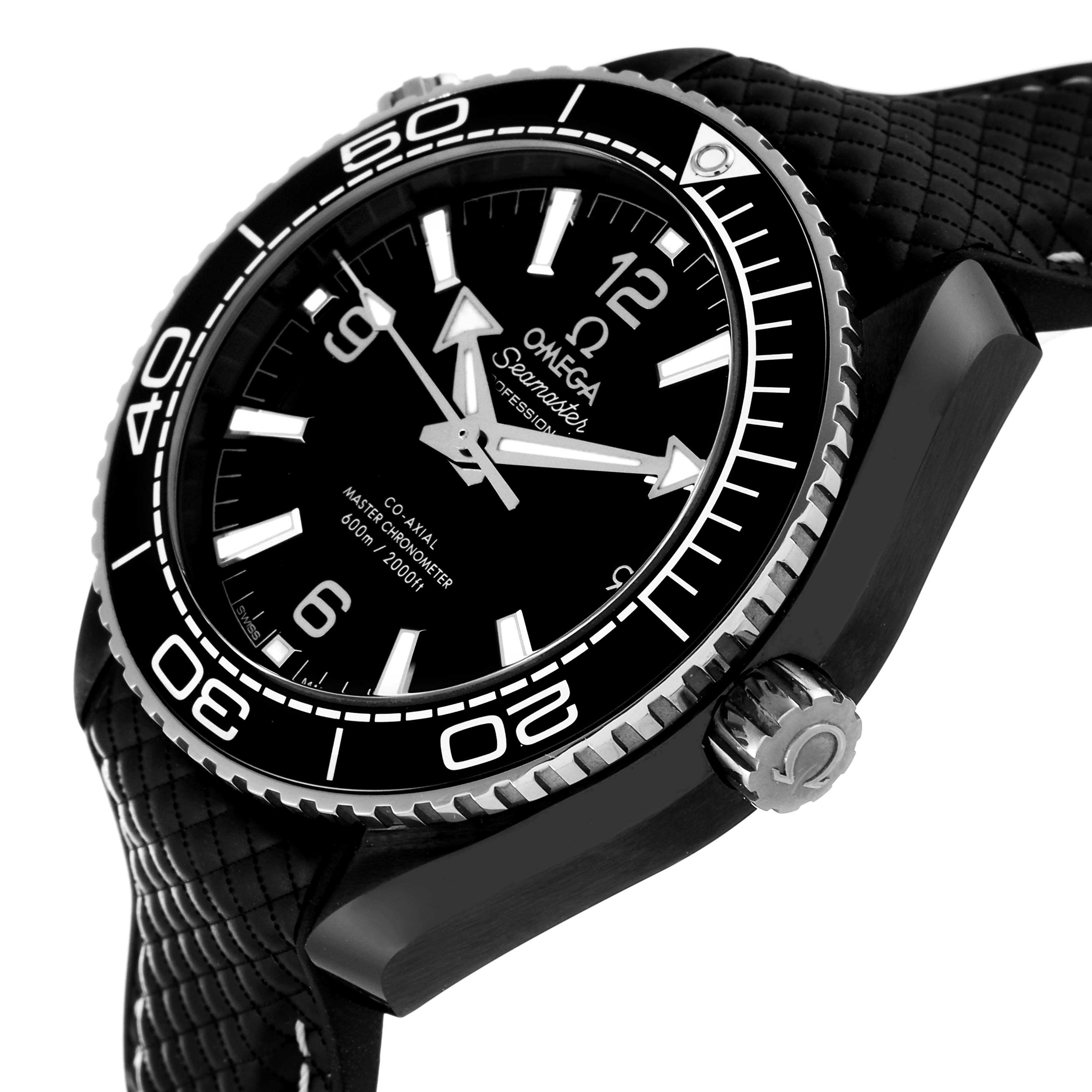 The image shows a side-angle view of the Omega Planet Ocean 215.92.40.20.01.001 Men's Ceramic Black Dial 215.92.40.20.01.001 Men's Ceramic Black Dial watch, highlighting the bezel, dial, crown, and part of the strap.