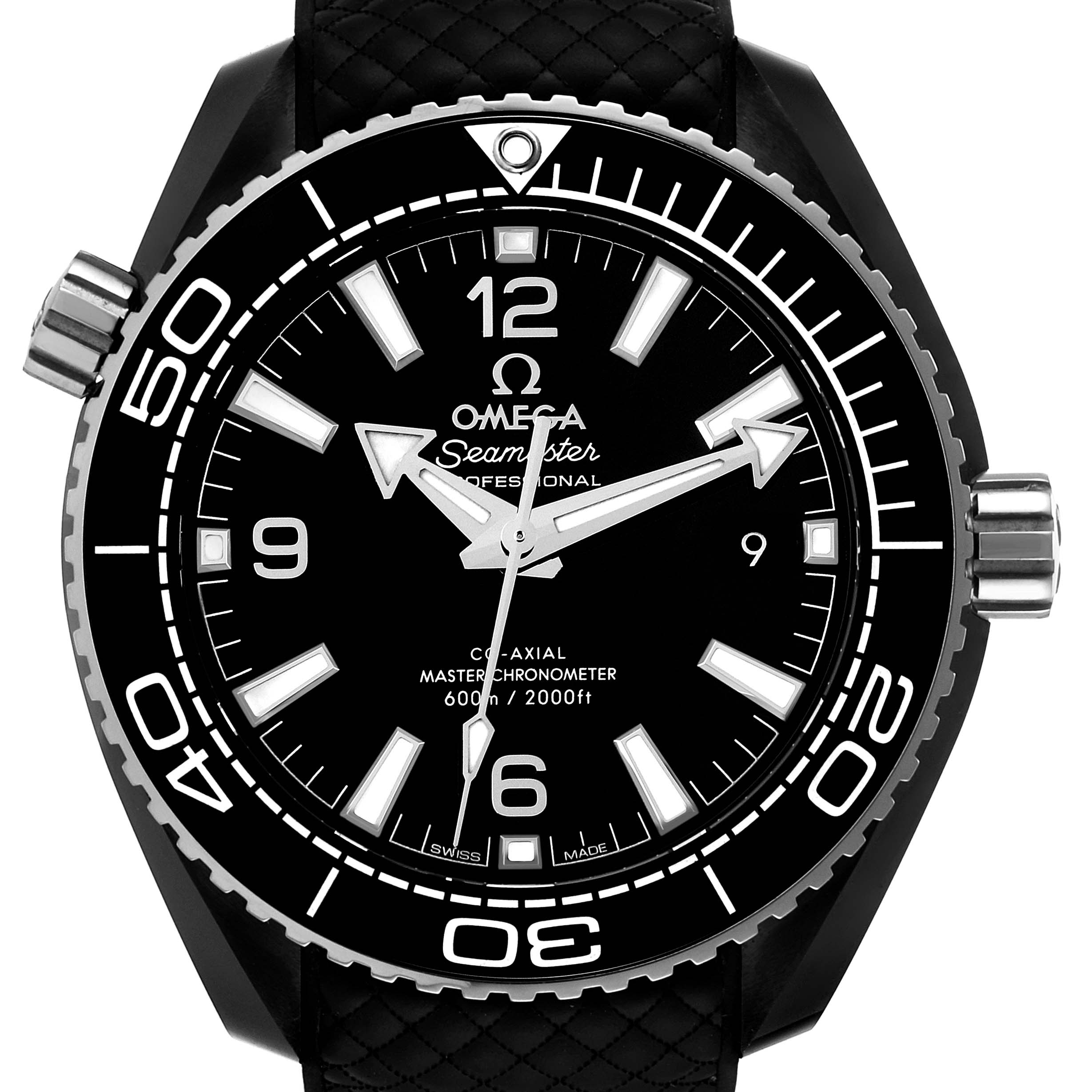 The Omega Planet Ocean 215.92.40.20.01.001 Men's Ceramic Black Dial 215.92.40.20.01.001 Men's Ceramic Black Dial watch is shown from a straight-on angle, highlighting its face, bezel, and crown.