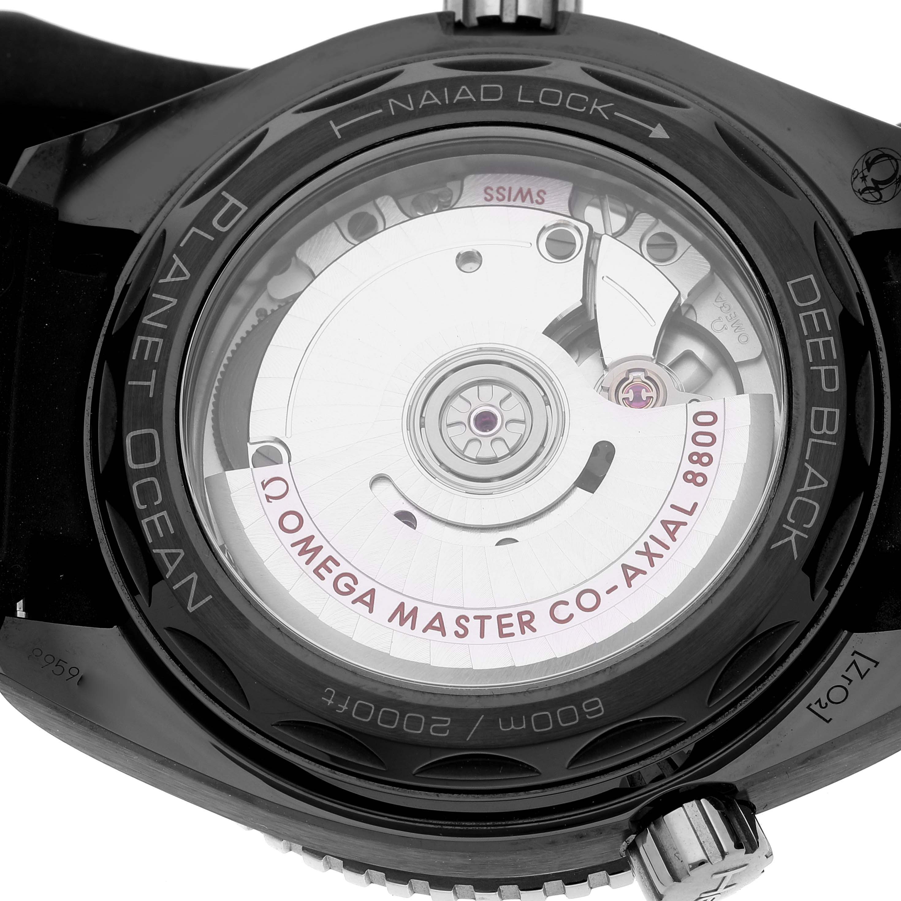 This image shows the case back of an Omega Planet Ocean 215.92.40.20.01.001 Men's Ceramic Black Dial 215.92.40.20.01.001 Men's Ceramic Black Dial watch, highlighting the internal Omega Master Co-Axial 8800 movement.