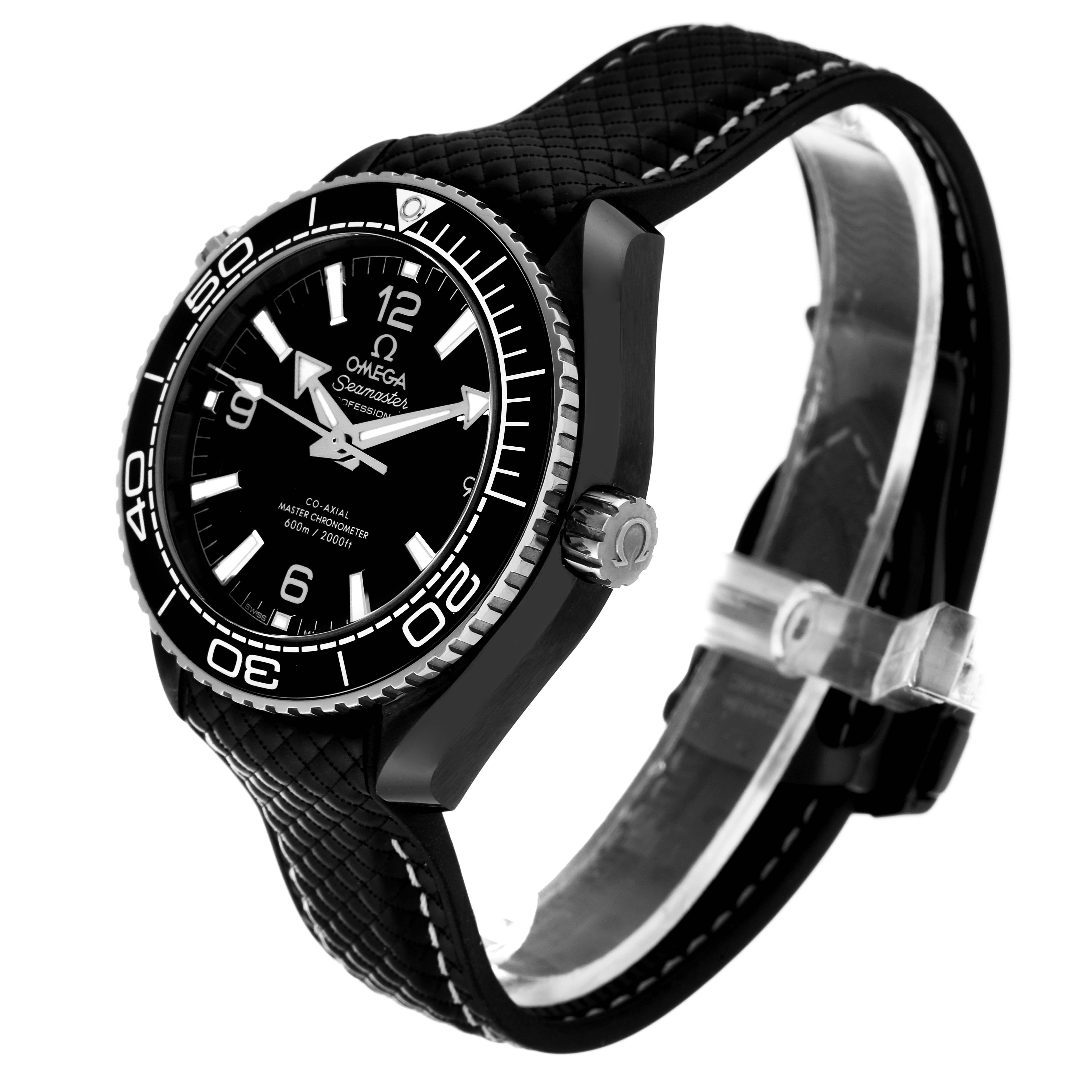 The image shows a side view of an Omega Seamaster Planet Ocean watch, highlighting the bezel, crown, and strap.