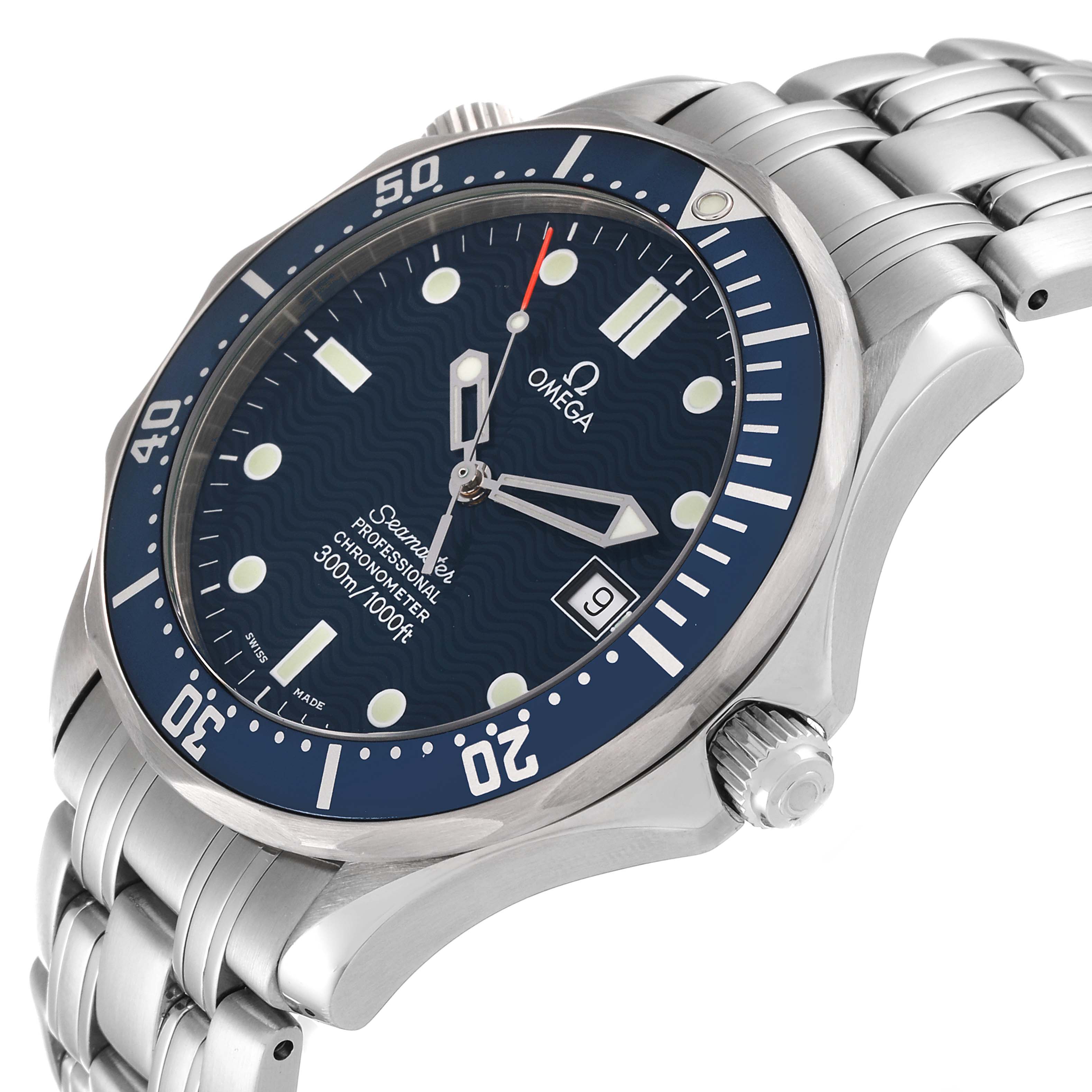 The image shows an angled view of the Omega Seamaster 2531.80.00 Men's Stainless Steel Blue Dial 2531.80.00 Men's Stainless Steel Blue Dial watch, highlighting the face, bezel, crown, and stainless steel bracelet.