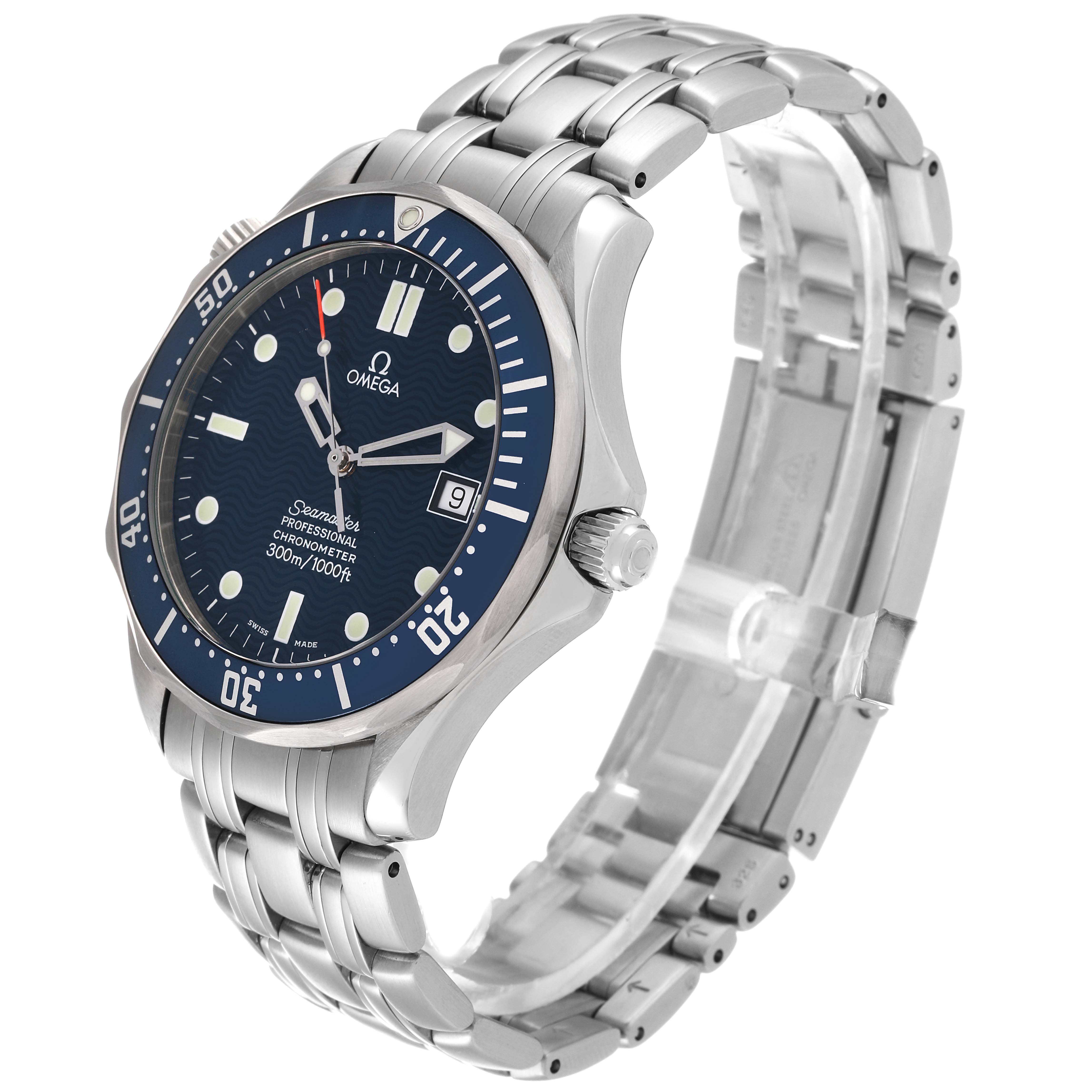 The image shows a side angle of the Omega Seamaster 2531.80.00 Men's Stainless Steel Blue Dial 2531.80.00 Men's Stainless Steel Blue Dial watch displaying the dial, bezel, and stainless steel bracelet.