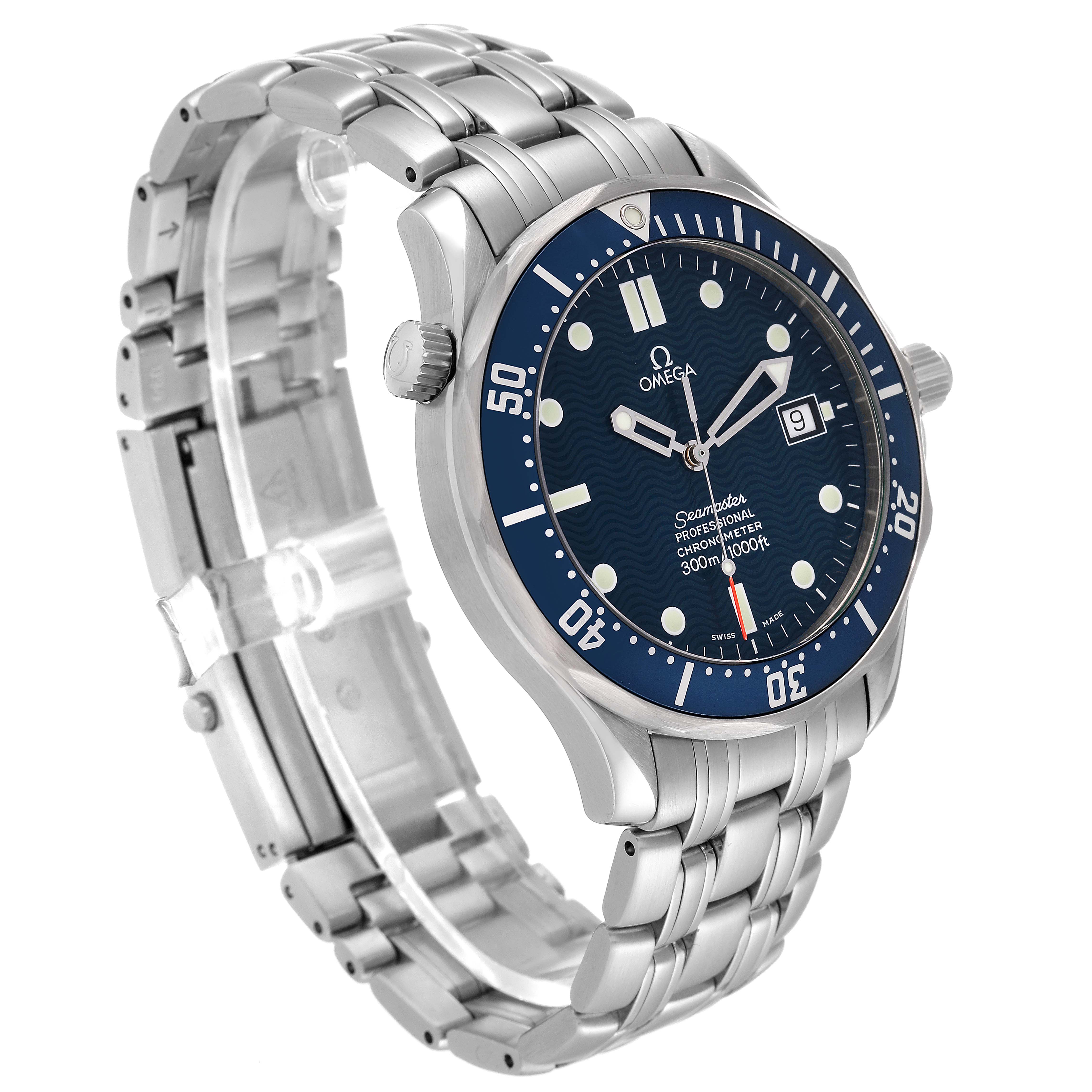 The Omega Seamaster 2531.80.00 Men's Stainless Steel Blue Dial 2531.80.00 Men's Stainless Steel Blue Dial watch is shown in a slightly angled side view, highlighting the face, bezel, crown, and metal bracelet band.