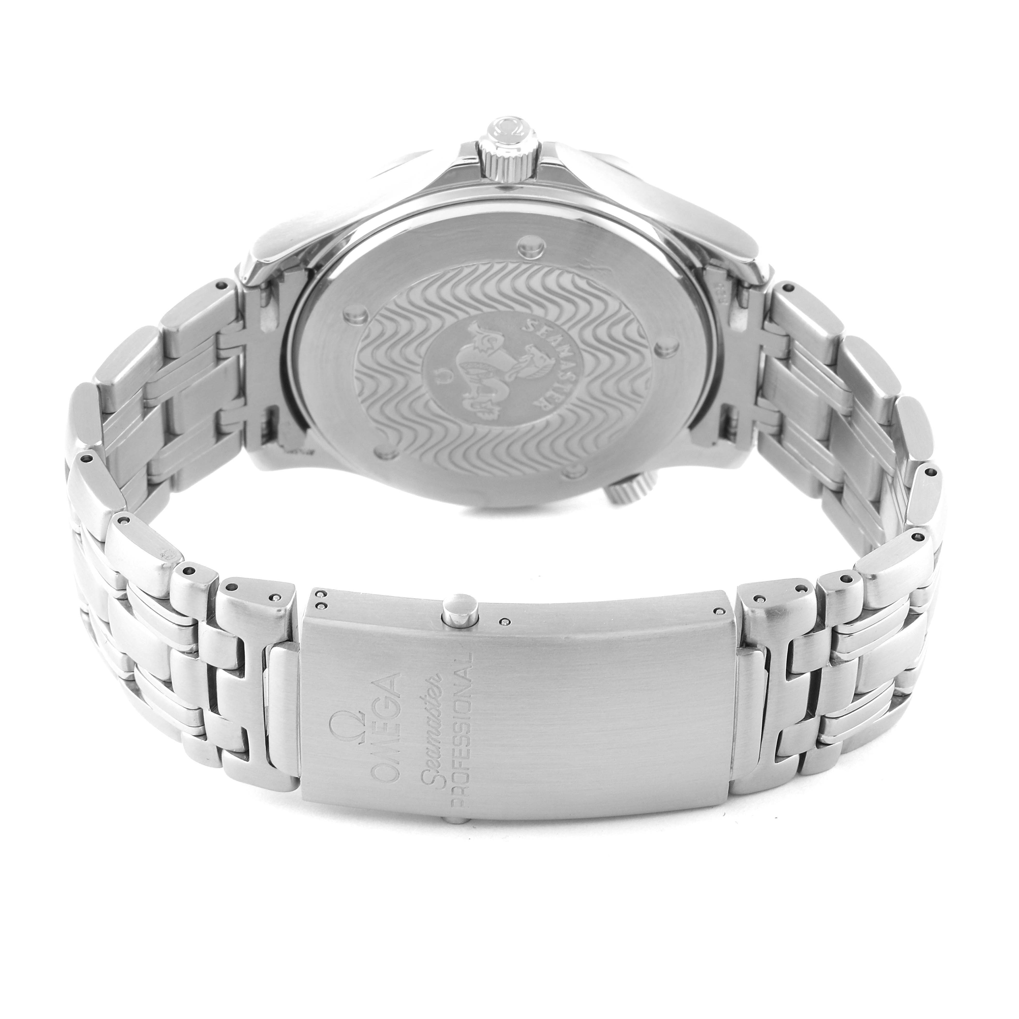 The image shows the back case and stainless-steel bracelet clasp of an Omega Seamaster 2531.80.00 Men's Stainless Steel Blue Dial 2531.80.00 Men's Stainless Steel Blue Dial watch, highlighting the engraved logo and inscriptions.