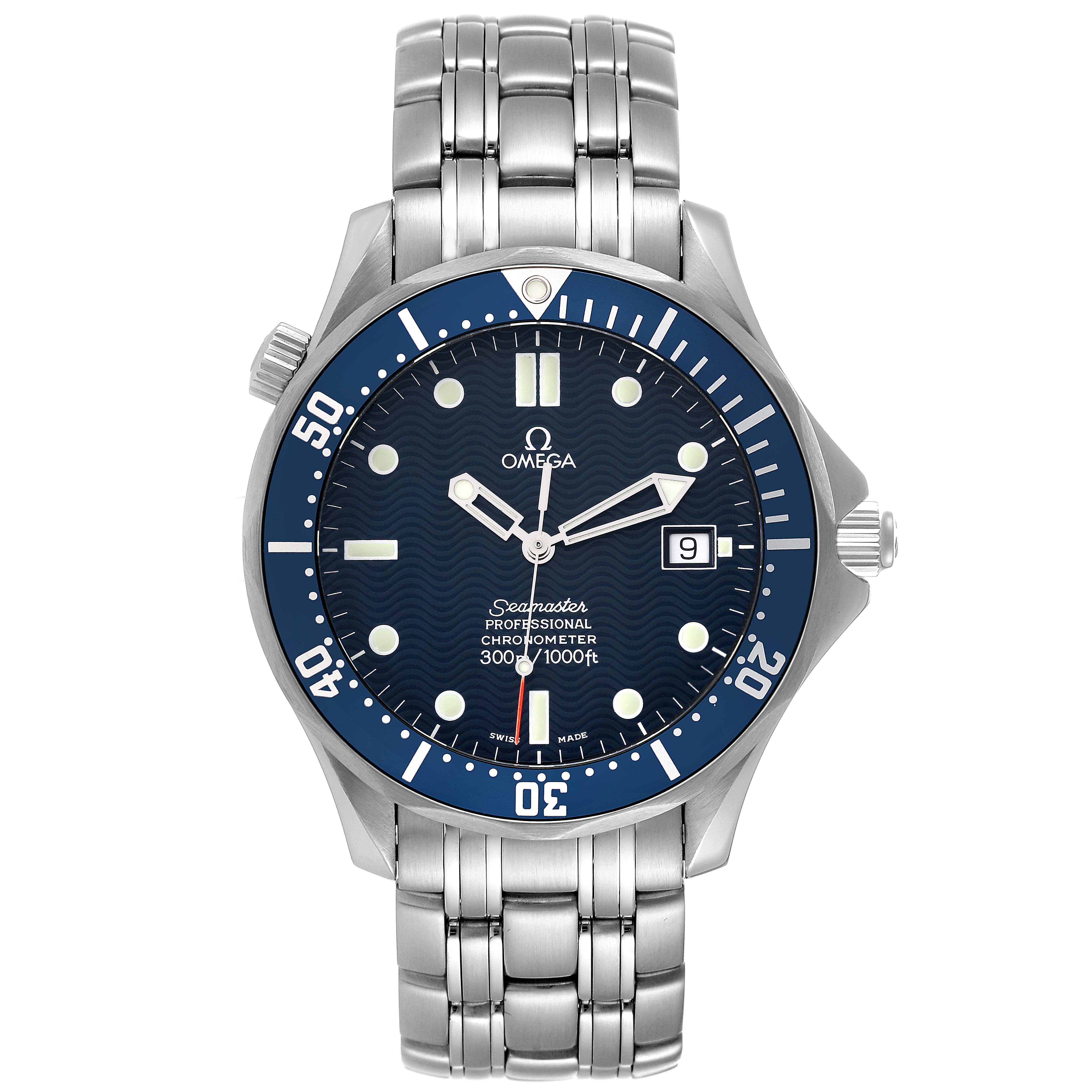 The image shows a front view of the Omega Seamaster 2531.80.00 Men's Stainless Steel Blue Dial 2531.80.00 Men's Stainless Steel Blue Dial watch, displaying the face, bezel, and metal bracelet.
