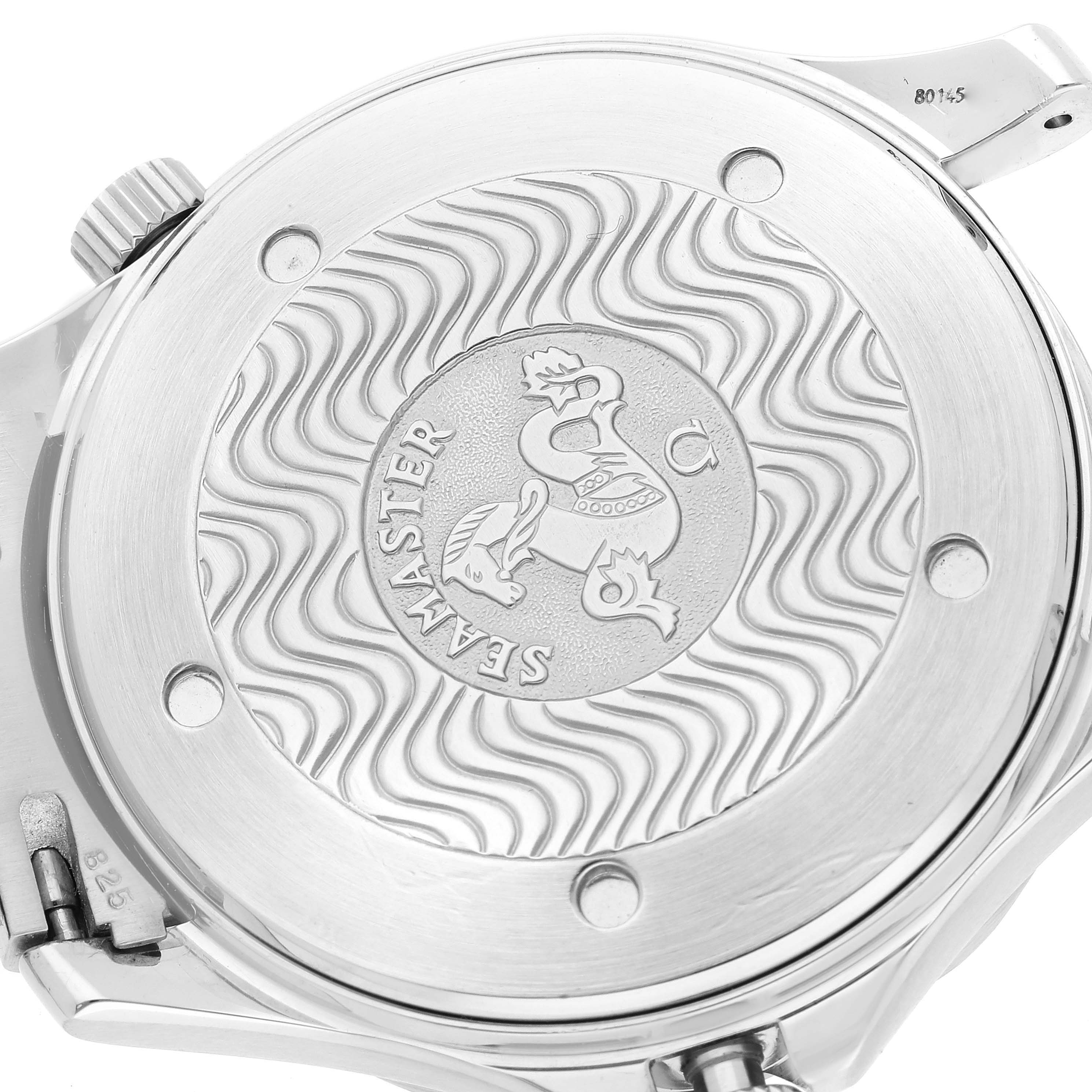 The image shows the back of an Omega Seamaster 2531.80.00 Men's Stainless Steel Blue Dial 2531.80.00 Men's Stainless Steel Blue Dial watch, highlighting its engraved details and screw-down case back.