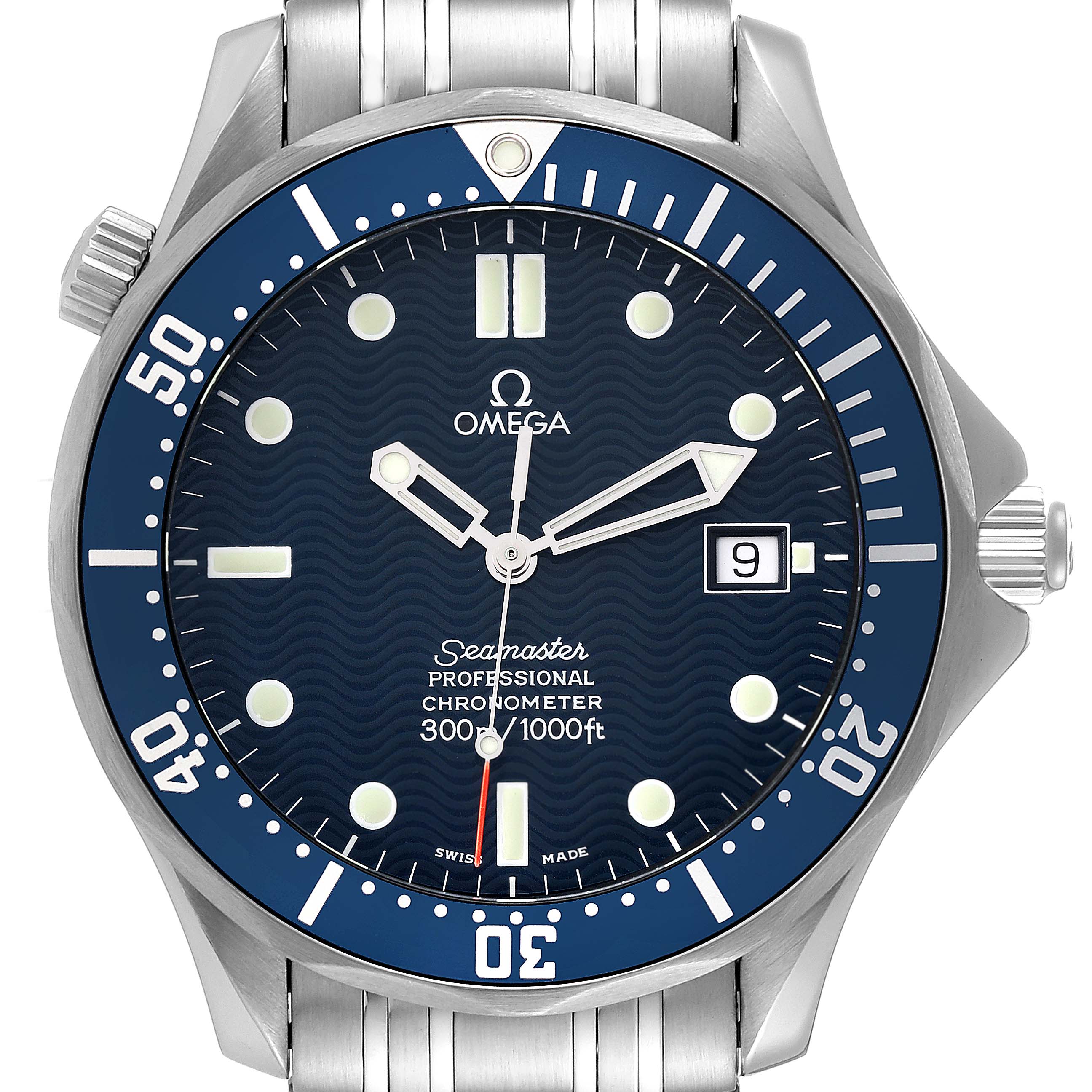 This is a front view of the Omega Seamaster 2531.80.00 Men's Stainless Steel Blue Dial 2531.80.00 Men's Stainless Steel Blue Dial watch, showing the dial, bezel, hands, and date window.