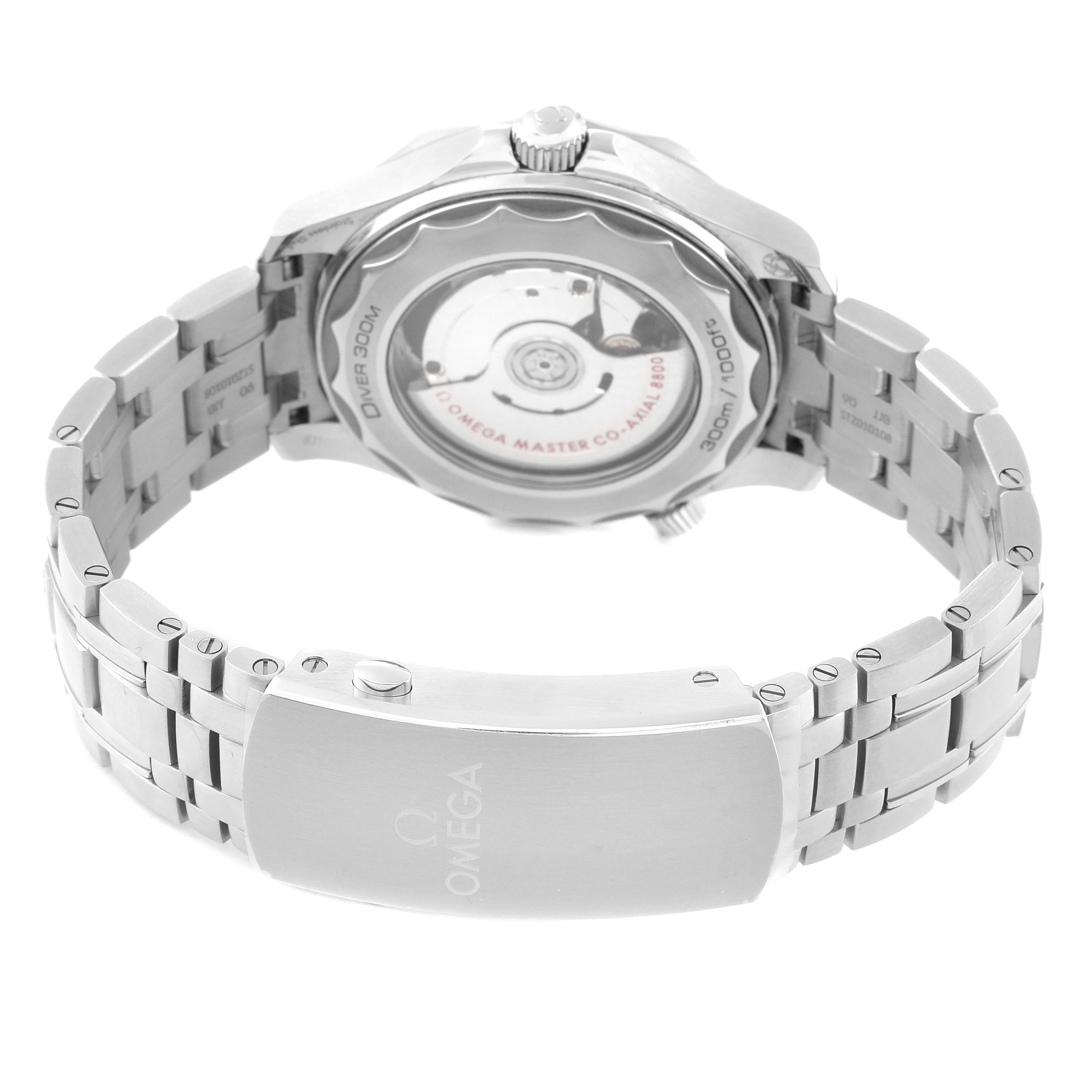 This image shows the back view of the Omega Seamaster 210.30.42.20.01.001 Men's Stainless Steel Black Dial 210.30.42.20.01.001 Men's Stainless Steel Black Dial watch, highlighting the stainless steel bracelet and the see-through case back.