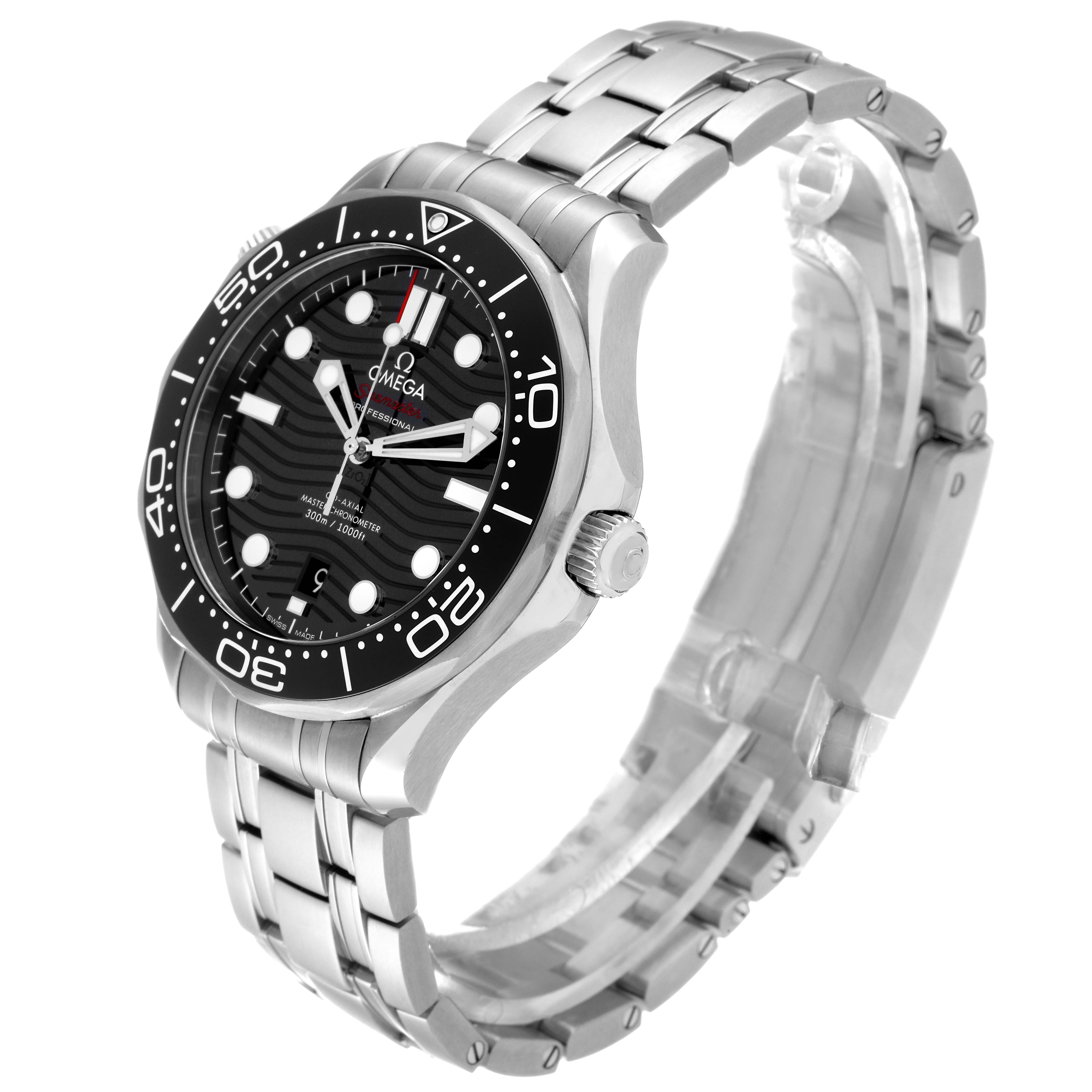 The image shows a side and front view of the Omega Seamaster 210.30.42.20.01.001 Men's Stainless Steel Black Dial 210.30.42.20.01.001 Men's Stainless Steel Black Dial watch, highlighting its bezel, dial, and bracelet.