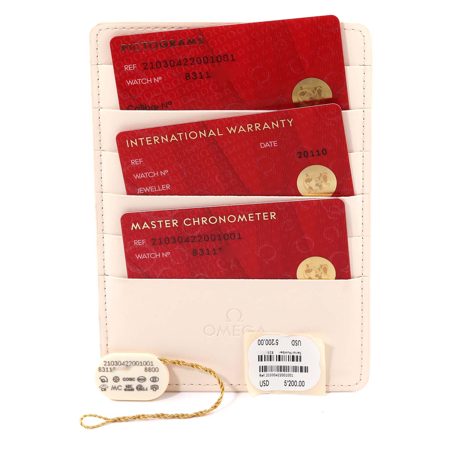 This image shows the warranty cards and tag for an Omega Seamaster 210.30.42.20.01.001 Men's Stainless Steel Black Dial 210.30.42.20.01.001 Men's Stainless Steel Black Dial watch, placed in a wallet.