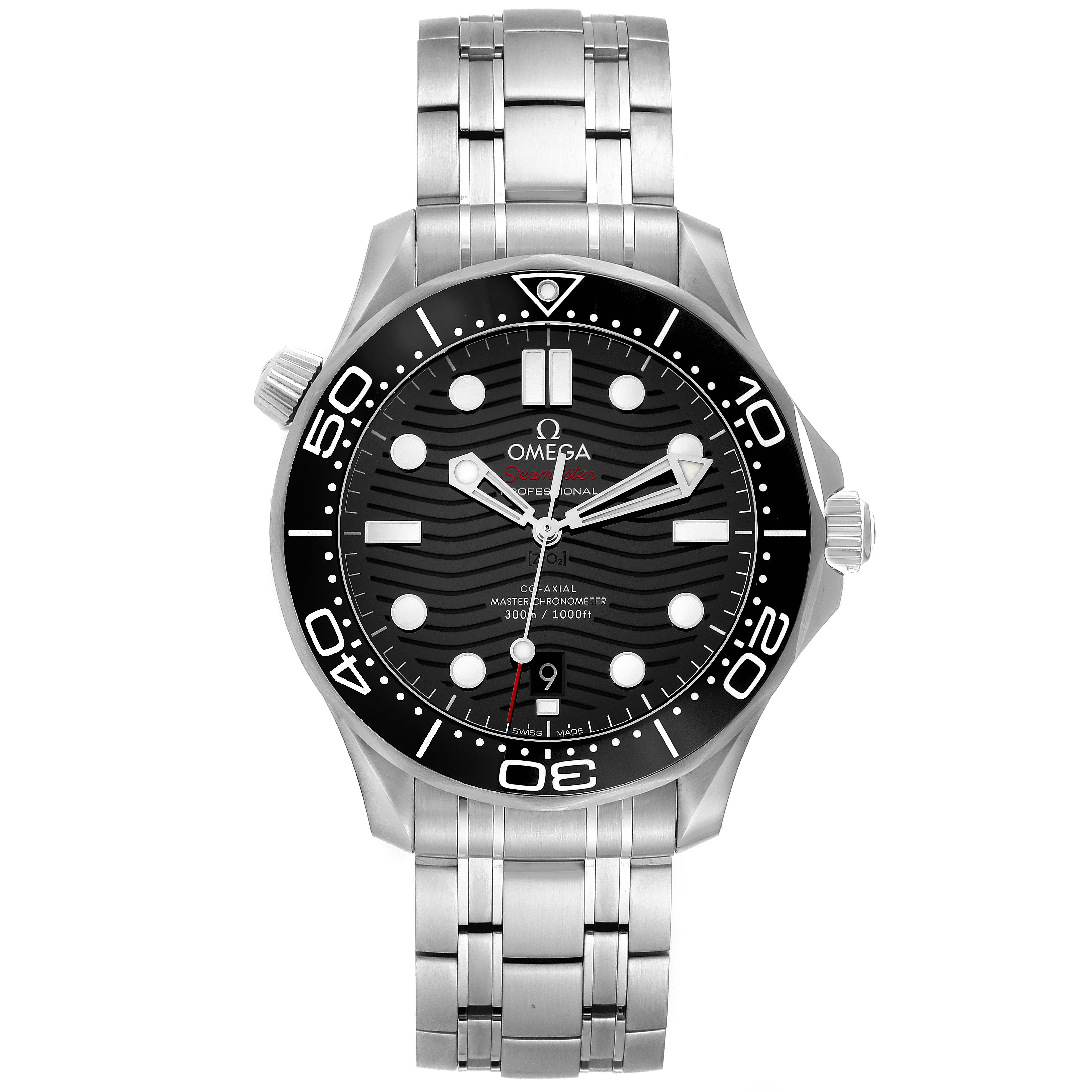 The Omega Seamaster 210.30.42.20.01.001 Men's Stainless Steel Black Dial 210.30.42.20.01.001 Men's Stainless Steel Black Dial watch is shown from the front, displaying the face, bezel, crown, and metal bracelet.