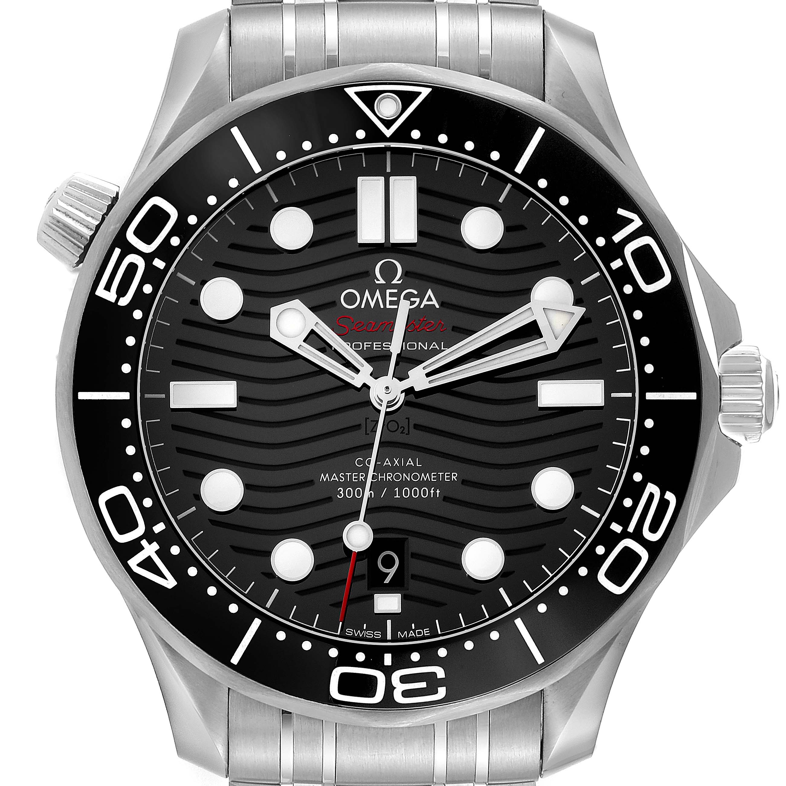 The image shows a front view of the Omega Seamaster 210.30.42.20.01.001 Men's Stainless Steel Black Dial 210.30.42.20.01.001 Men's Stainless Steel Black Dial watch, highlighting the dial, bezel, hands, and bracelet.