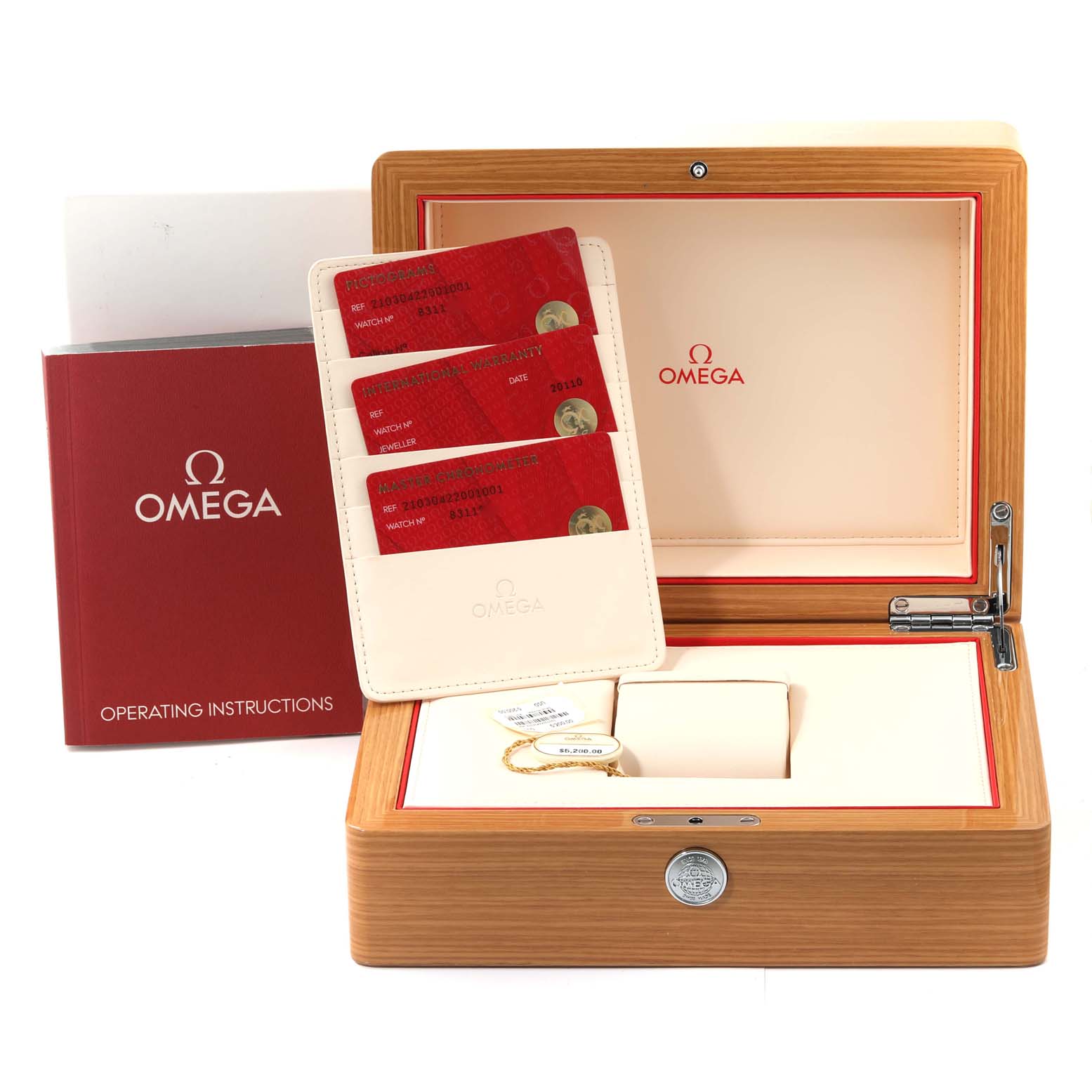 The image shows an Omega Seamaster 210.30.42.20.01.001 Men's Stainless Steel Black Dial 210.30.42.20.01.001 Men's Stainless Steel Black Dial watch box, warranty cards, and operating instructions.