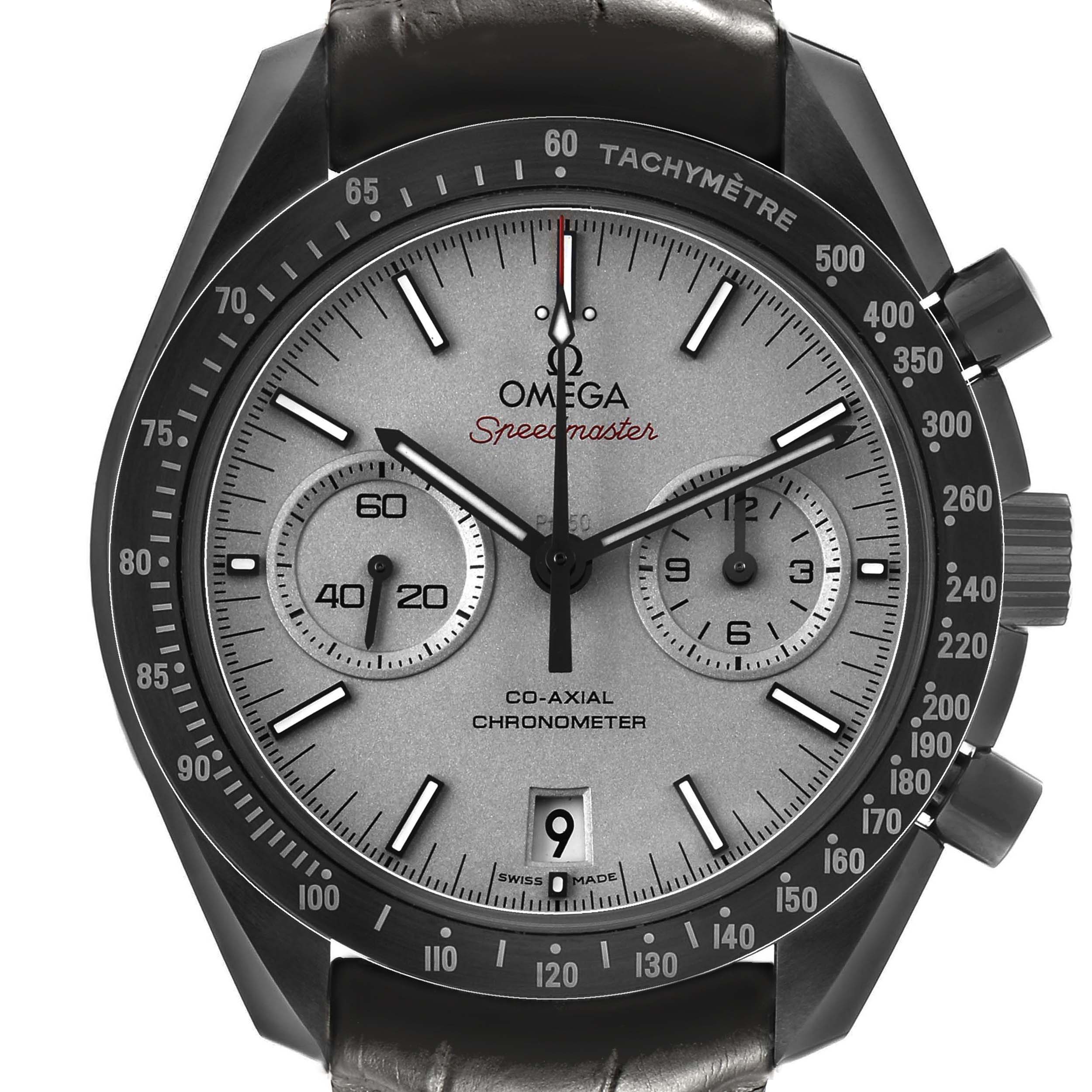 The Omega Speedmaster 311.93.44.51.99.002 Men's Ceramic Grey Dial watch is shown from the front, featuring its dial, subdials, and bezel with tachymeter markings.