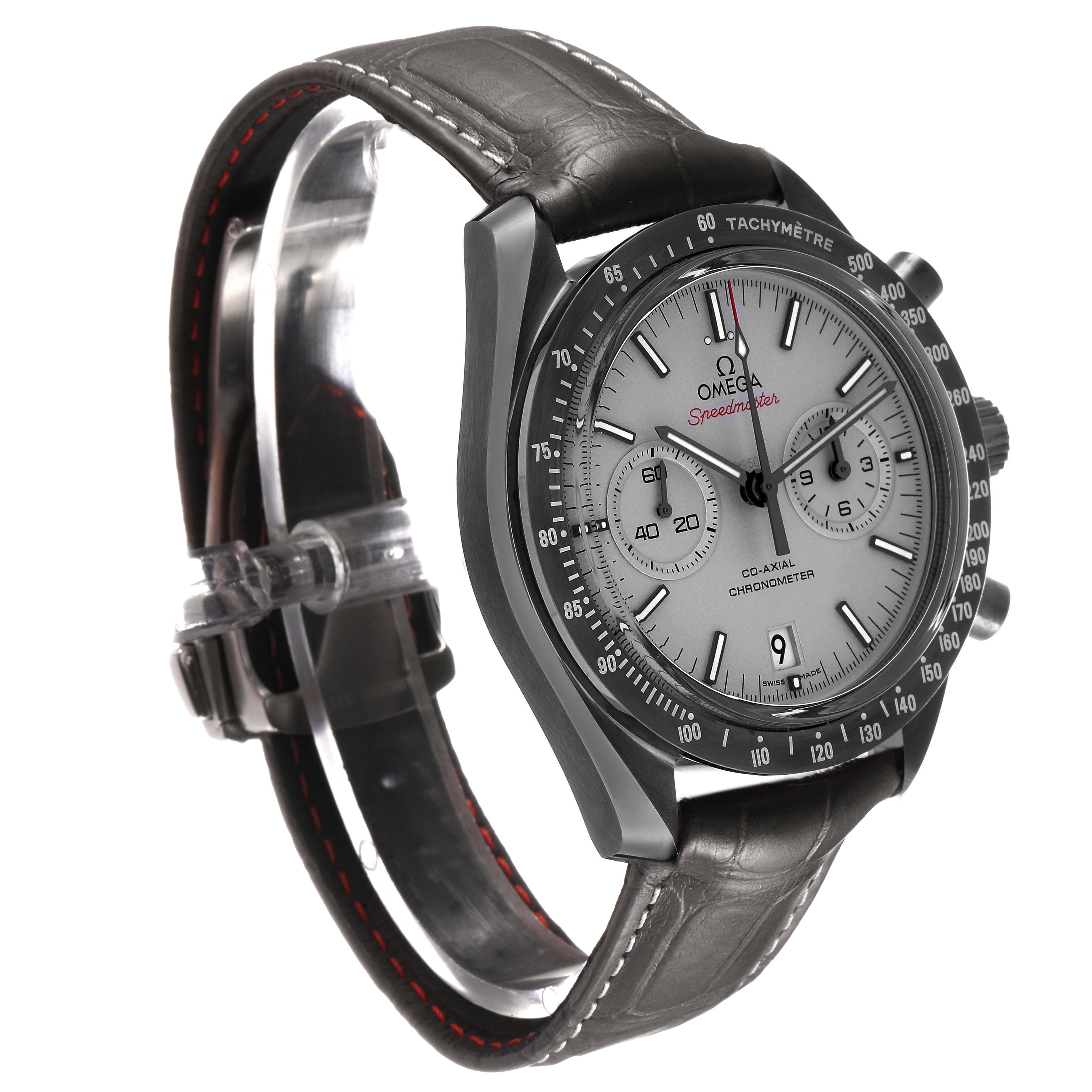 The Omega Speedmaster 311.93.44.51.99.002 Men's Ceramic Grey Dial watch is shown at a slight side angle, highlighting the face, bezel, crown, and leather strap.
