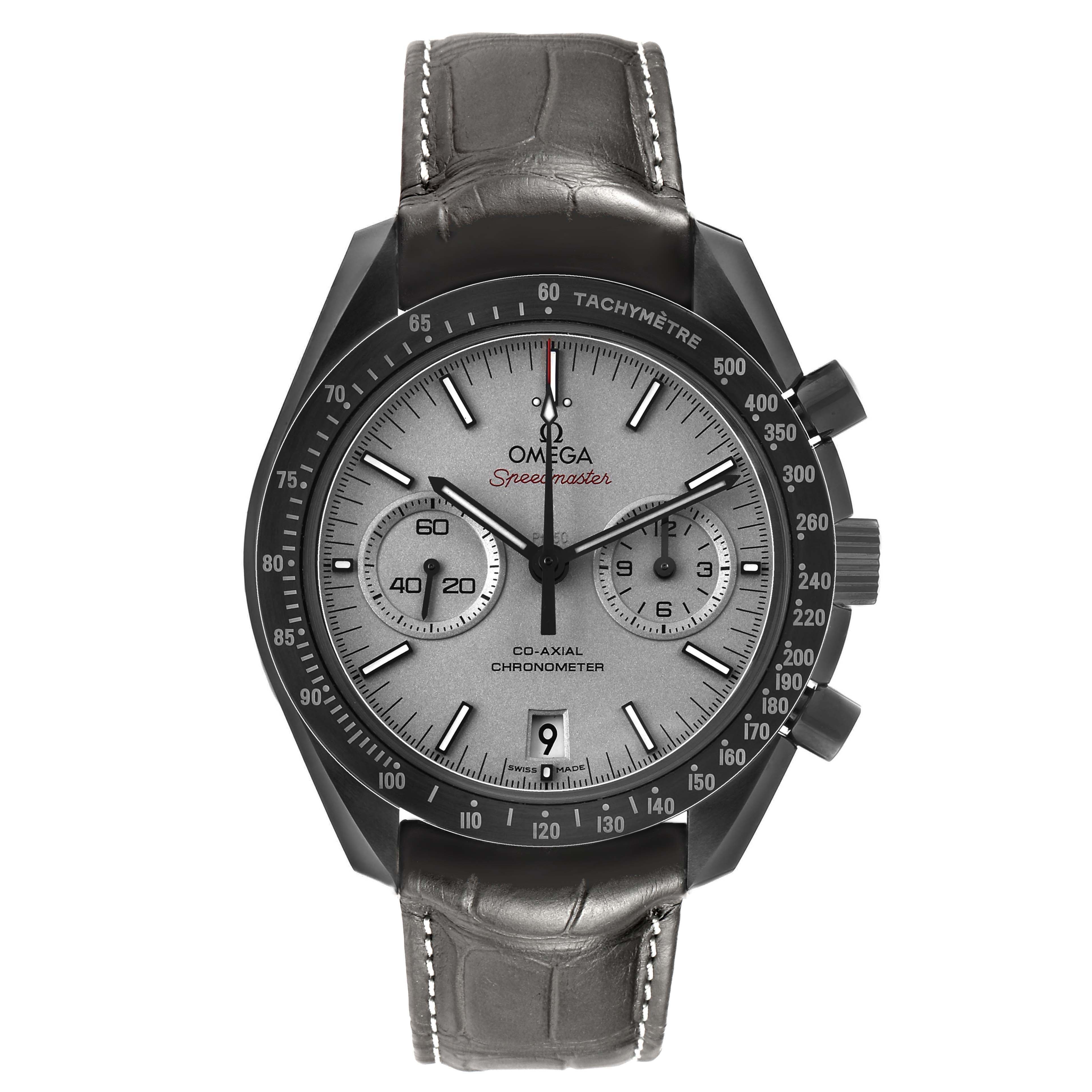 The Omega Speedmaster 311.93.44.51.99.002 Men's Ceramic Grey Dial watch is shown from the front, displaying the dial, bezel, sub-dials, and part of the strap.