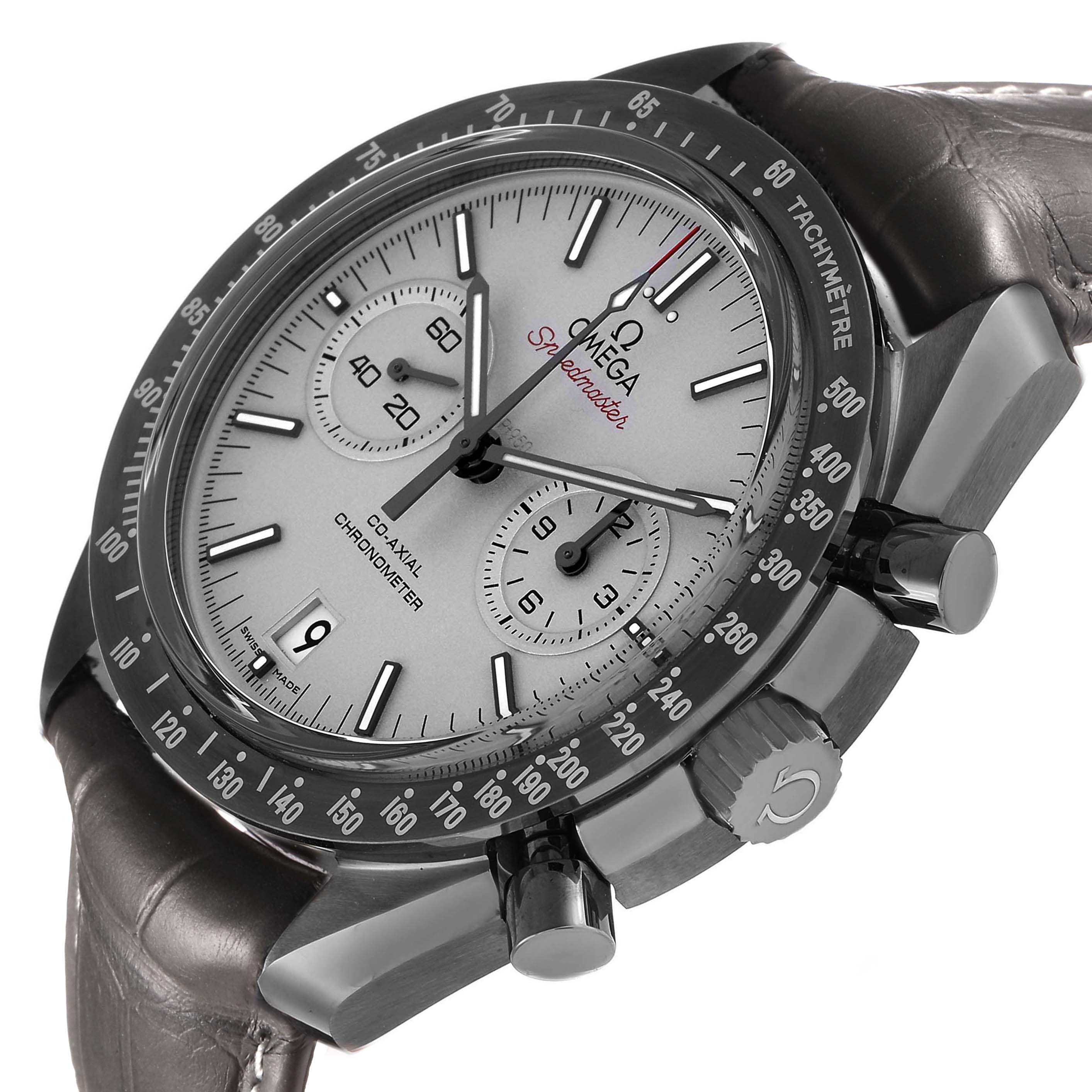 The Omega Speedmaster 311.93.44.51.99.002 Men's Ceramic Grey Dial is shown at an angled side view, highlighting the bezel, dial, pushers, and crown.