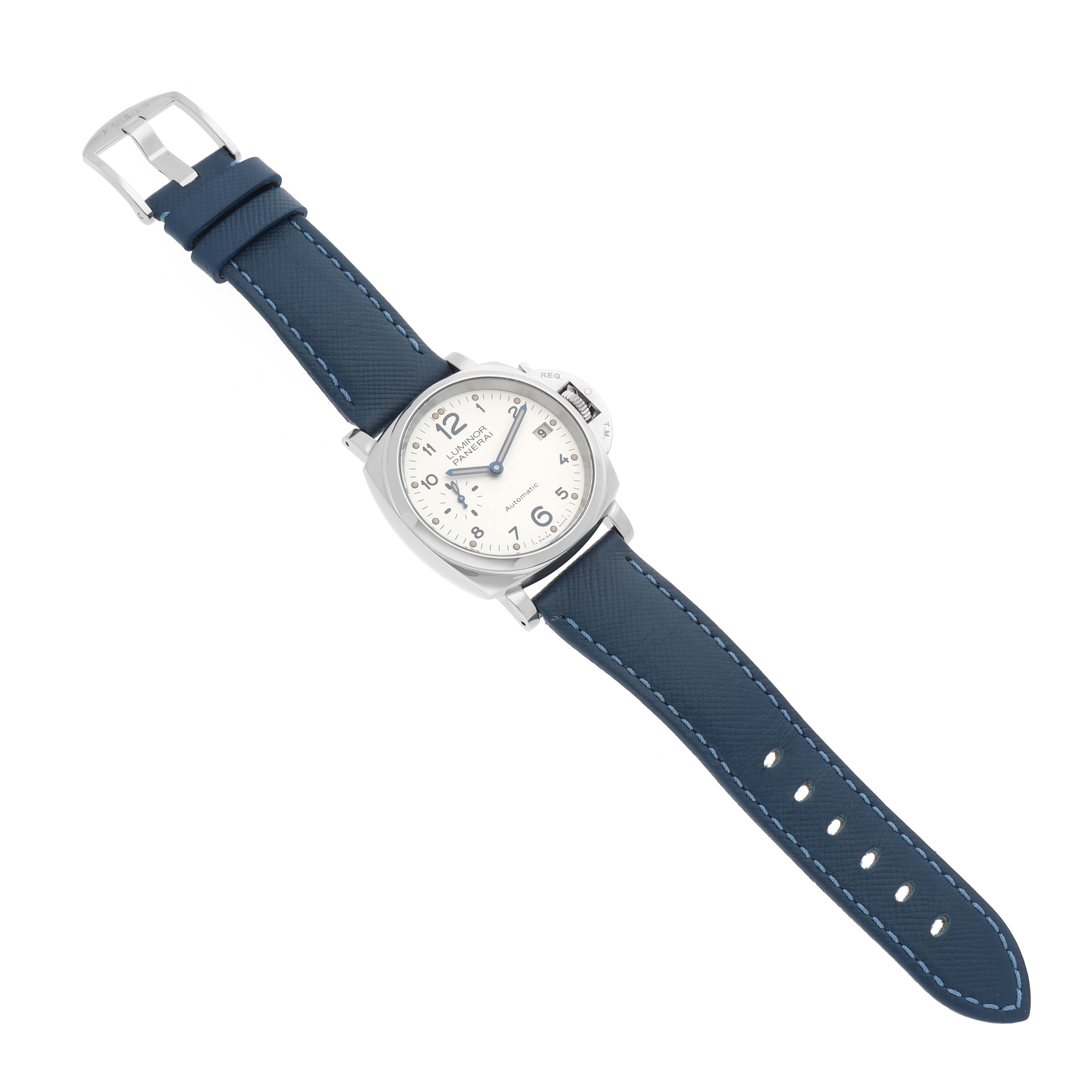 The image displays a Panerai Luminor Due PAM00903 Men's Stainless Steel Beige Dial PAM00903 Men's Stainless Steel Beige Dial watch at a slight angle, showing its face, blue strap, and buckle.