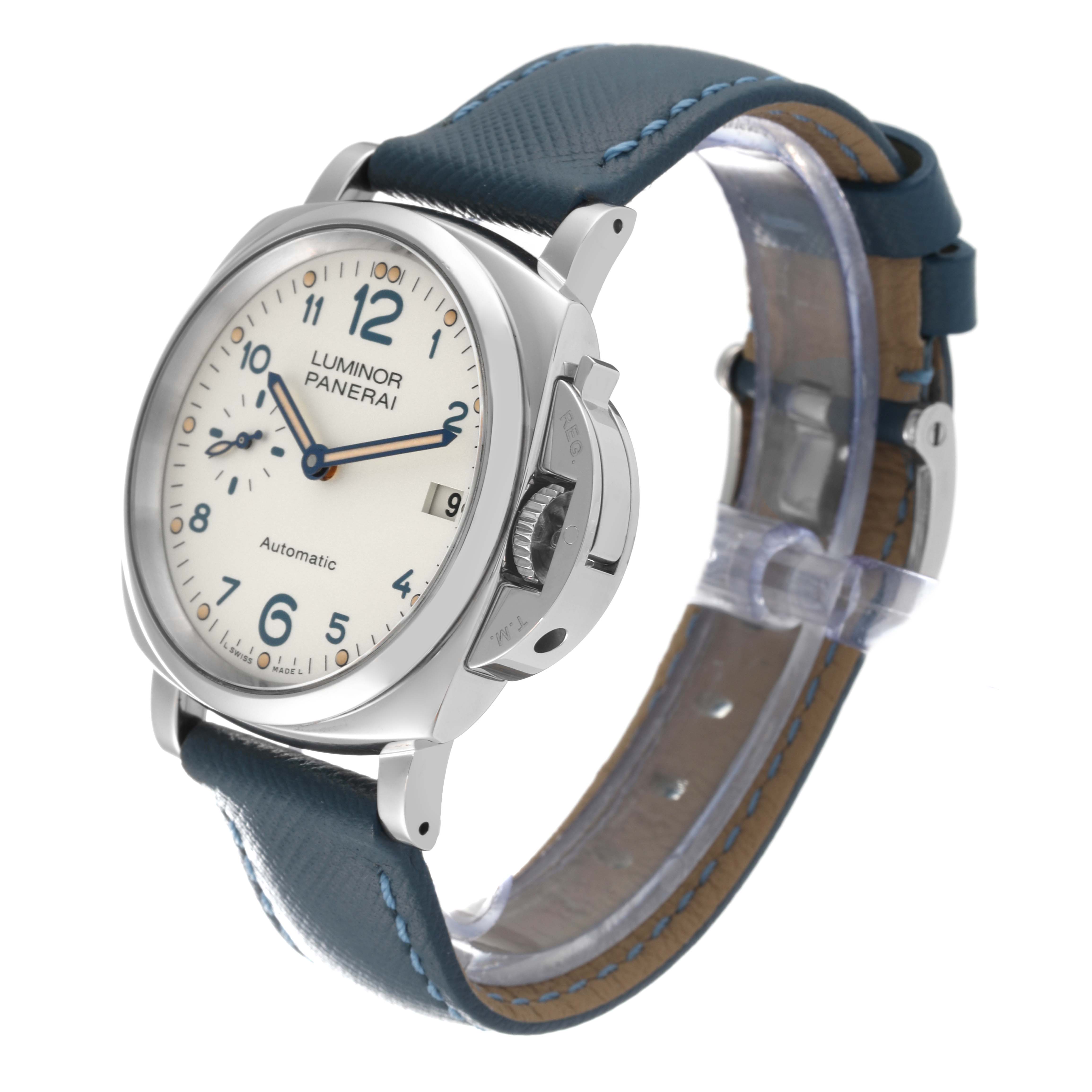 The image shows a Panerai Luminor Due PAM00903 Men's Stainless Steel Beige Dial PAM00903 Men's Stainless Steel Beige Dial watch at an angled side view, highlighting the dial, case, and strap.