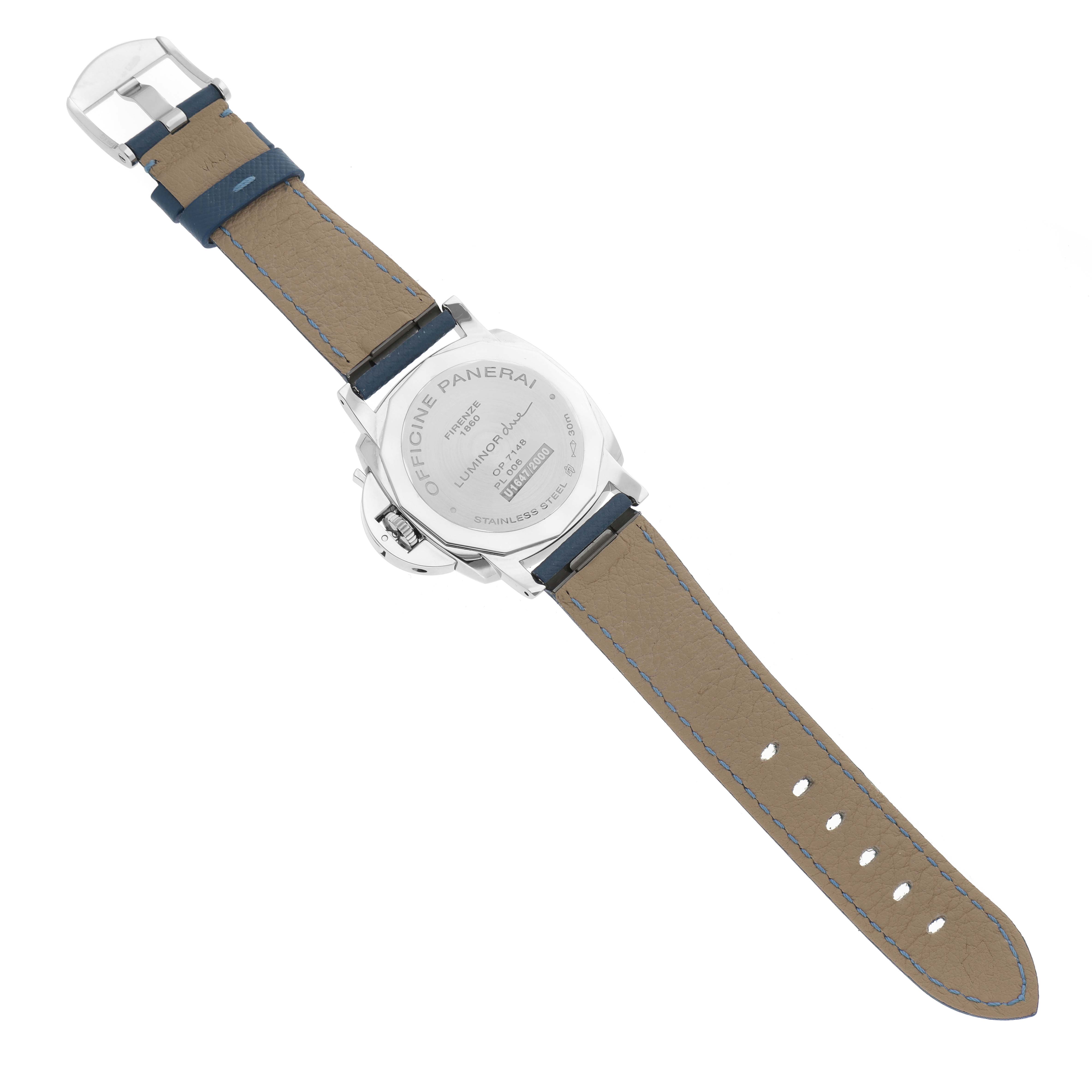 The image shows the back view of a Panerai Luminor Due PAM00903 Men's Stainless Steel Beige Dial PAM00903 Men's Stainless Steel Beige Dial watch, including its case back and leather strap.