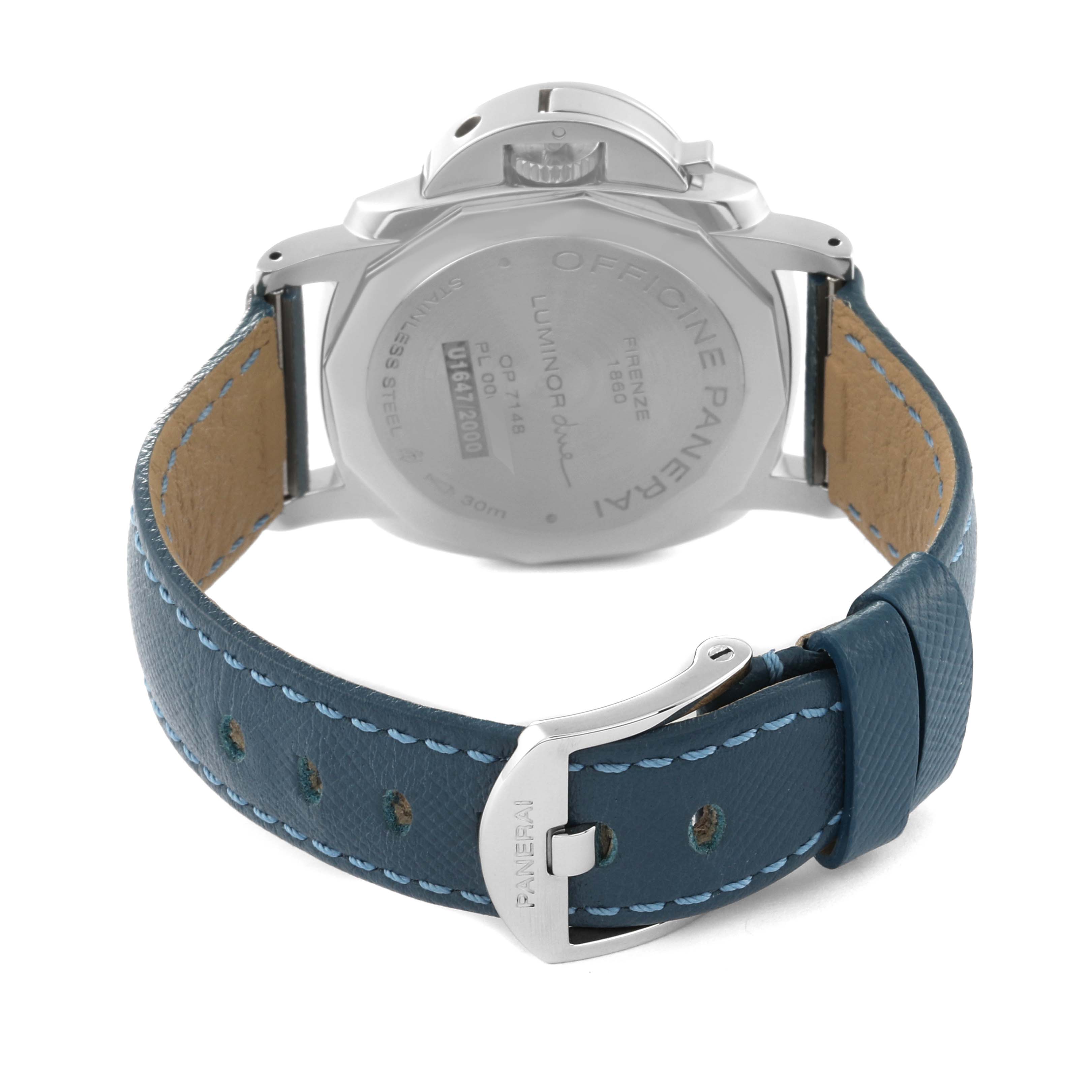 This image shows the back of a Panerai Luminor Due PAM00903 Men's Stainless Steel Beige Dial PAM00903 Men's Stainless Steel Beige Dial watch, featuring its case back and blue leather strap with the buckle visible.