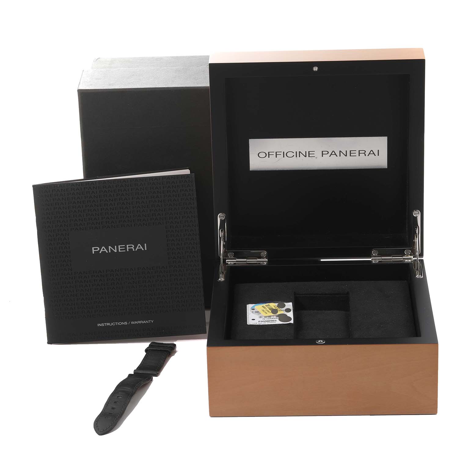 This image shows the open packaging box, a booklet, and a strap of the Luminor Due model by Panerai.