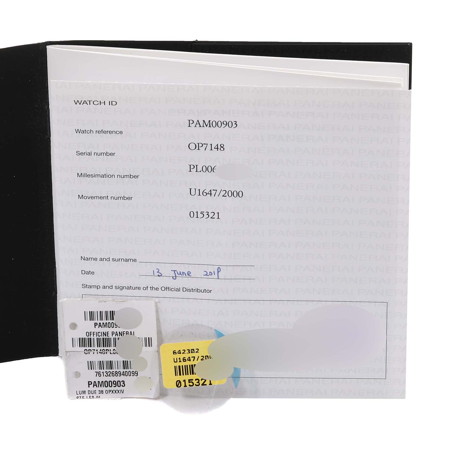 This image shows warranty documents and labels for the Panerai Luminor Due PAM00903 Men's Stainless Steel Beige Dial PAM00903 Men's Stainless Steel Beige Dial model PAM00903.