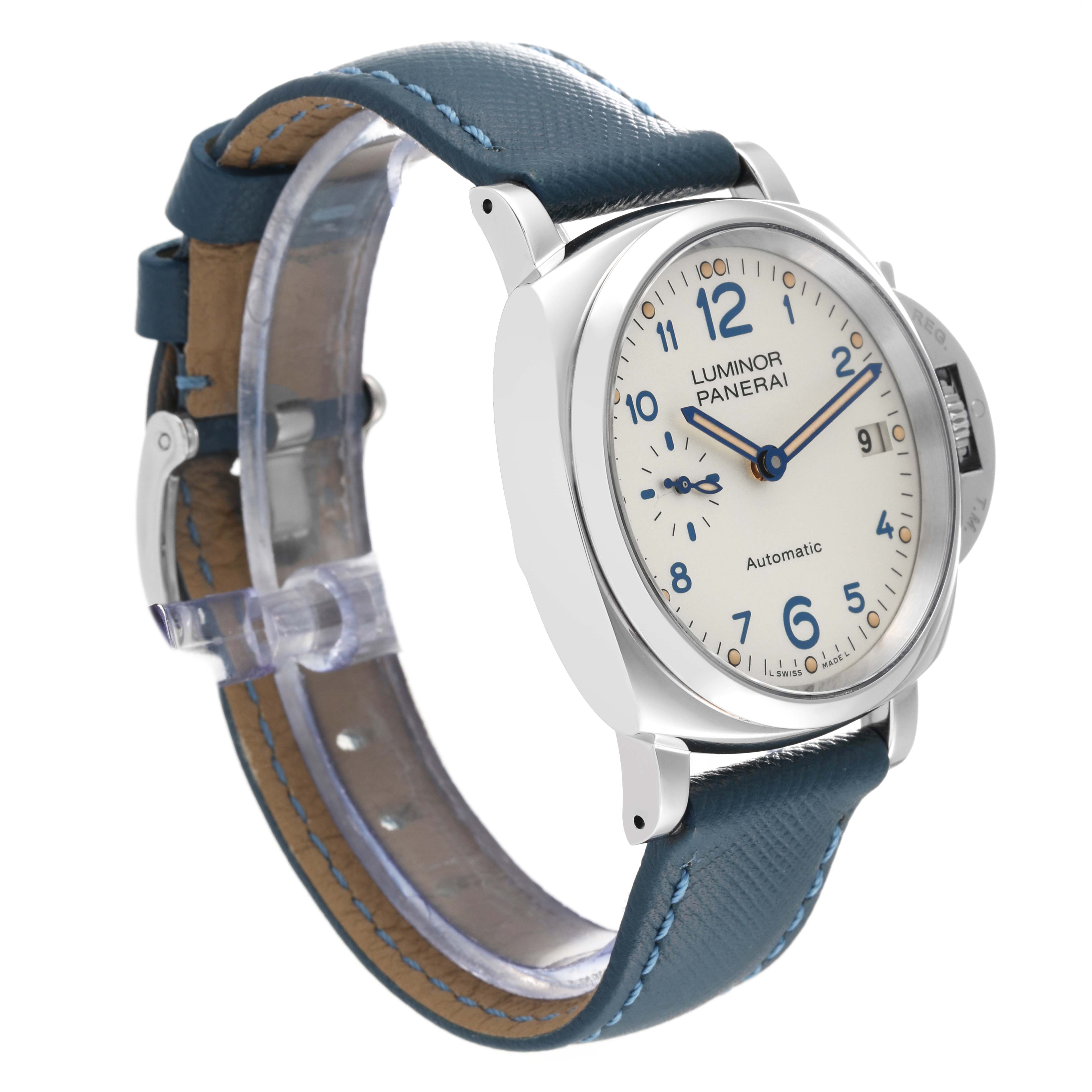 The image shows a side angle of the Luminor Due by Panerai, highlighting its face, strap, and clasp.