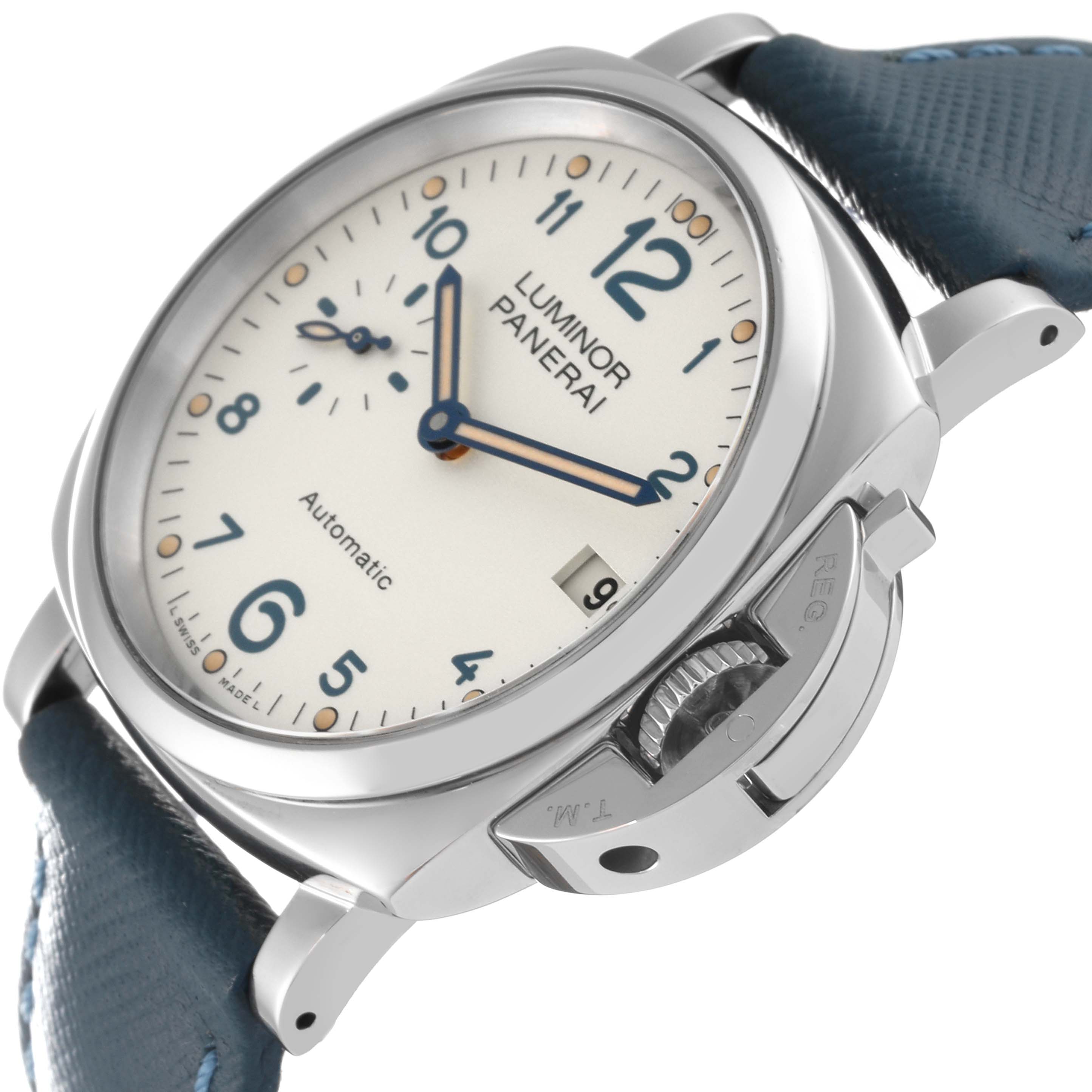The image shows a close-up angled view of a Panerai Luminor Due PAM00903 Men's Stainless Steel Beige Dial PAM00903 Men's Stainless Steel Beige Dial watch's face, crown, and part of its blue leather strap.