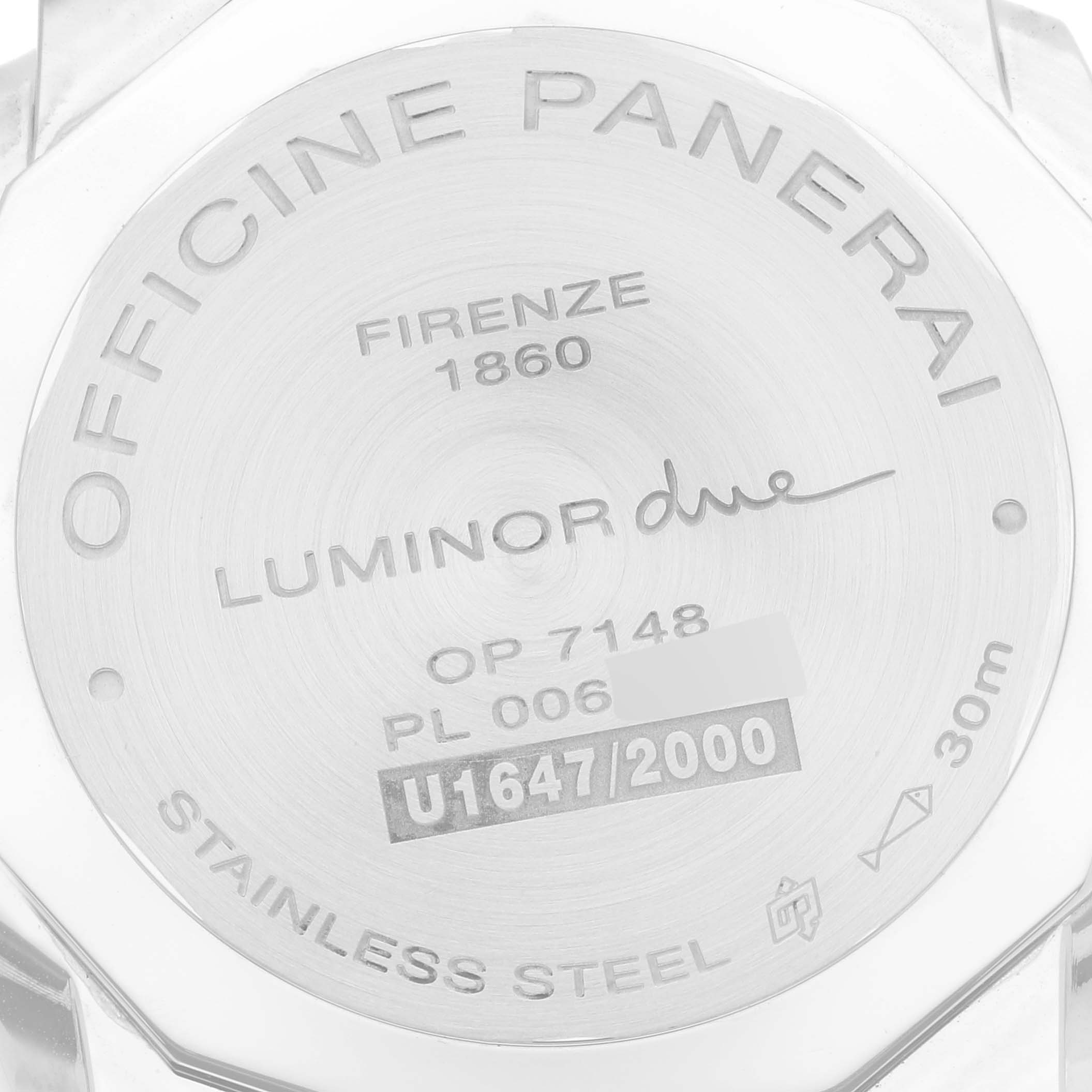 This image shows the back case of a Luminor Due model watch by Panerai, displaying its engravings and specifications.