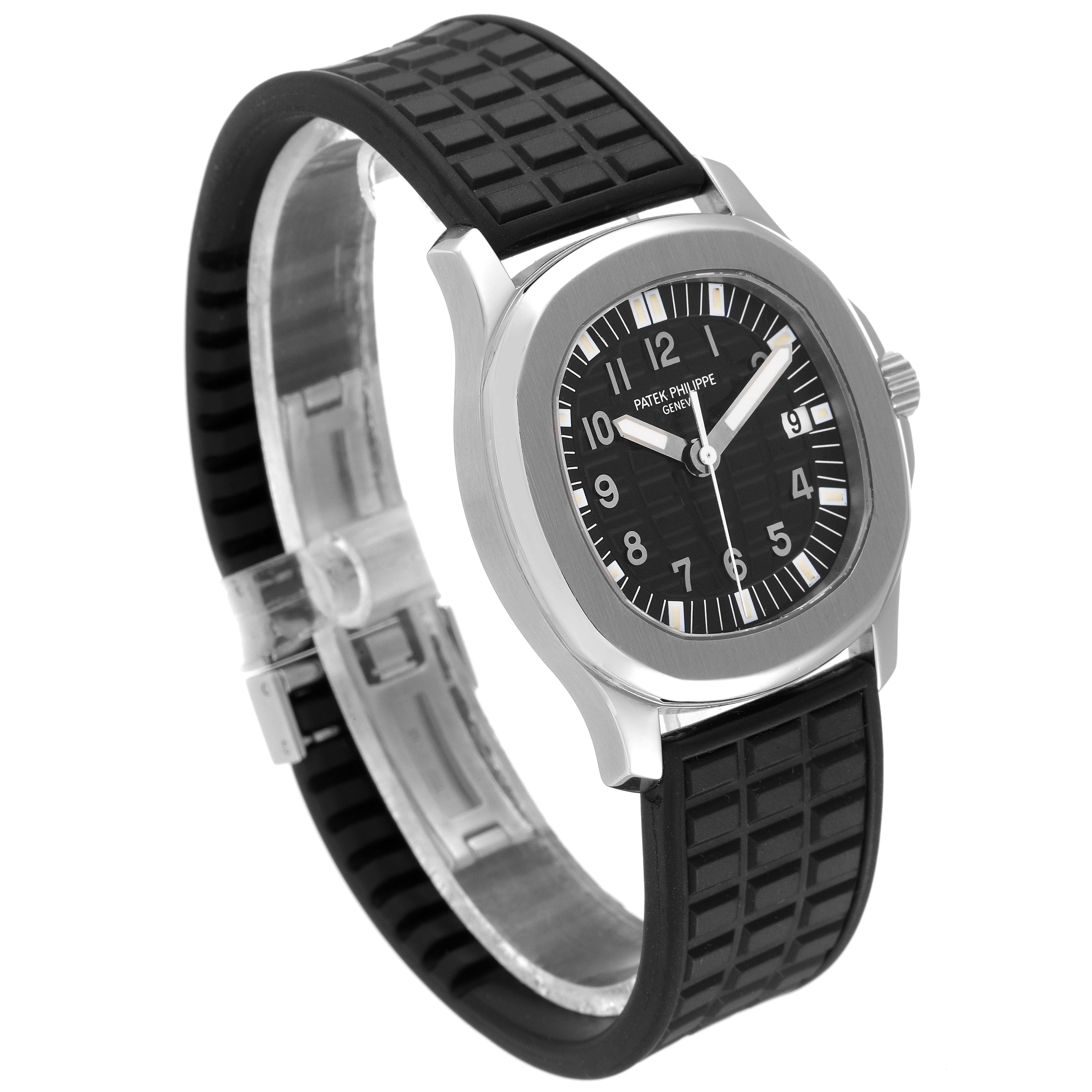 The image shows a Patek Philippe Aquanaut 5064A-001 Men's Stainless Steel Black Dial 5064A-001 Men's Stainless Steel Black Dial watch in a three-quarter view, highlighting the dial, bezel, and black rubber strap.