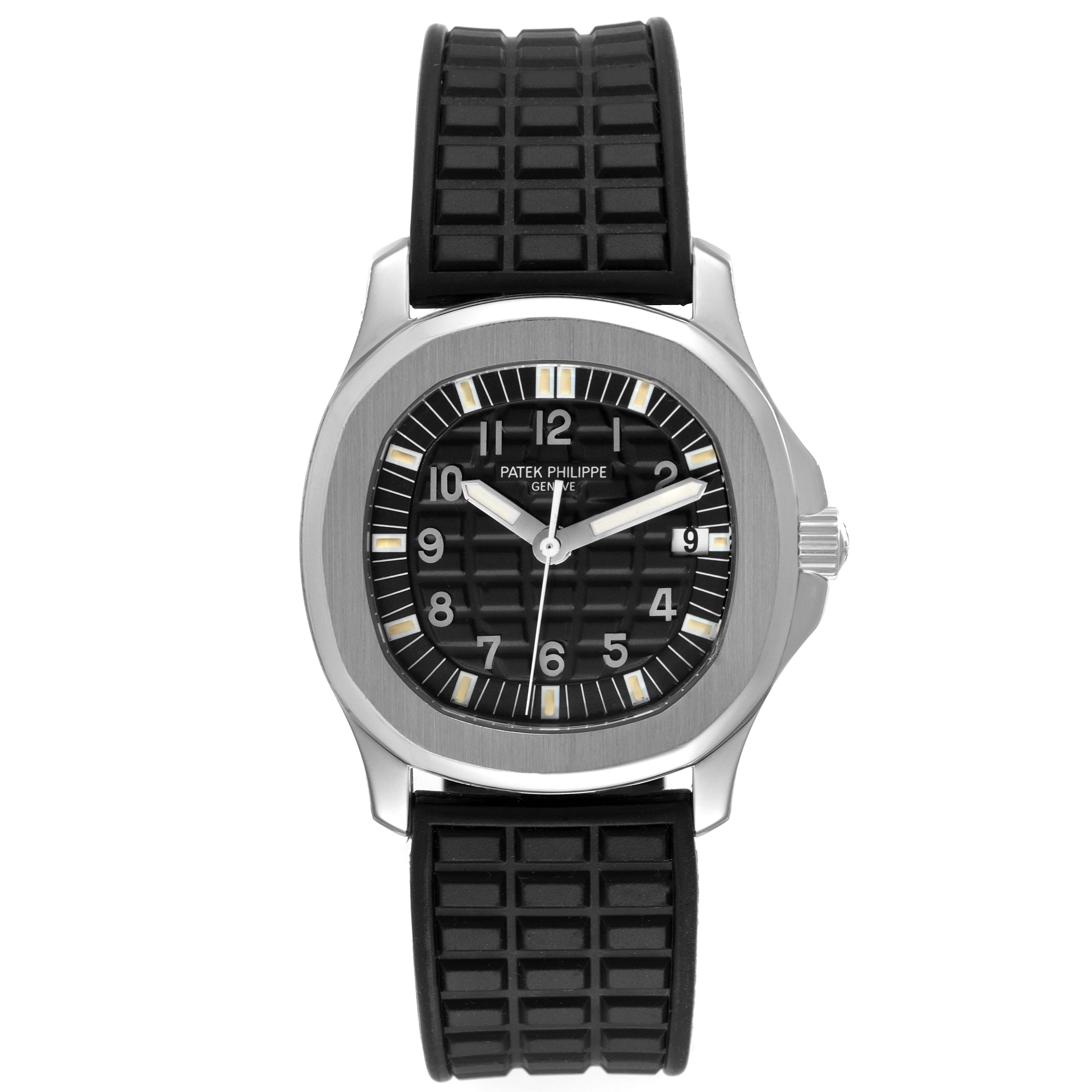This image shows a front view of the Patek Philippe Aquanaut 5064A-001 Men's Stainless Steel Black Dial 5064A-001 Men's Stainless Steel Black Dial watch, highlighting the dial, case, and strap.