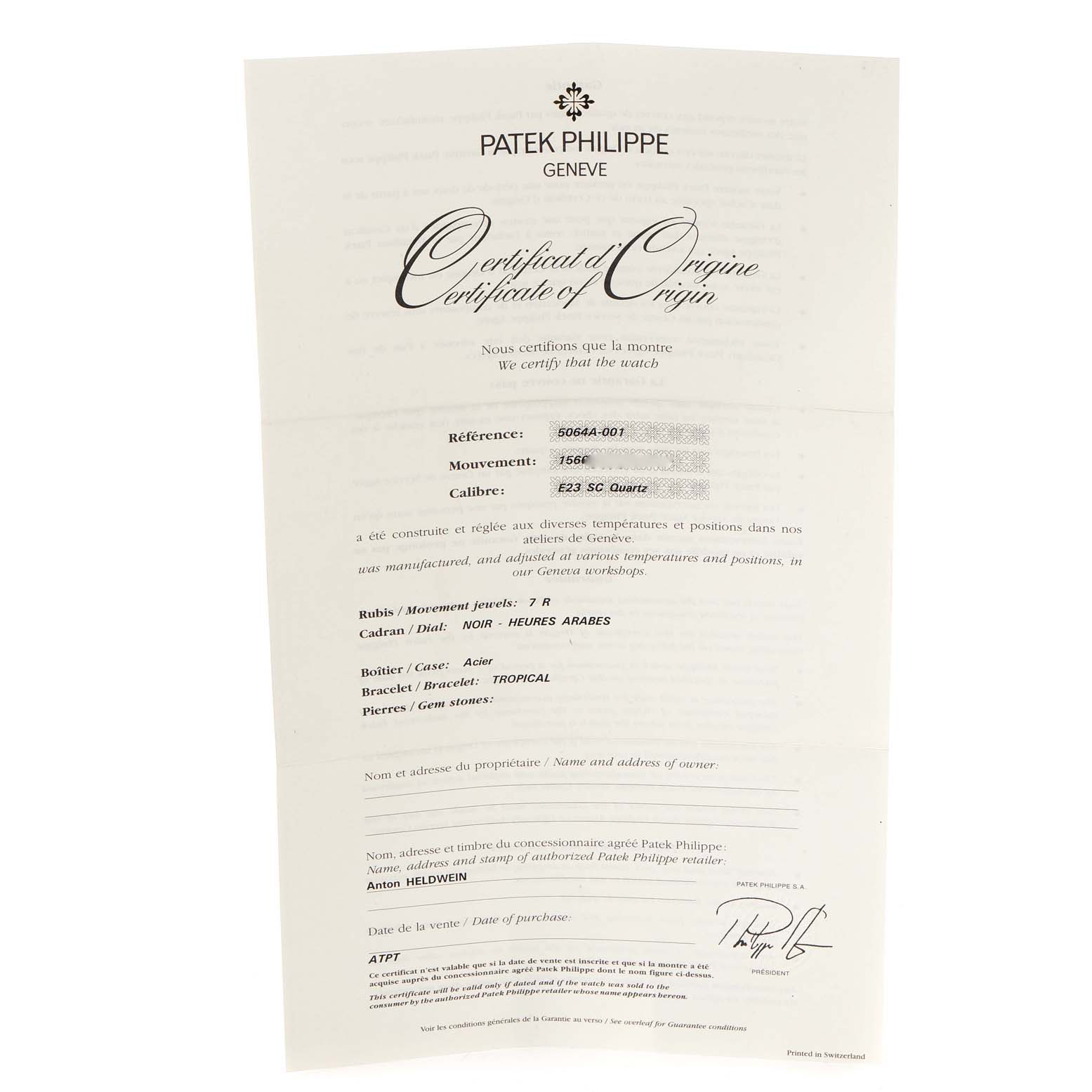 The image shows a Certificate of Origin for the Aquanaut model by Patek Philippe.