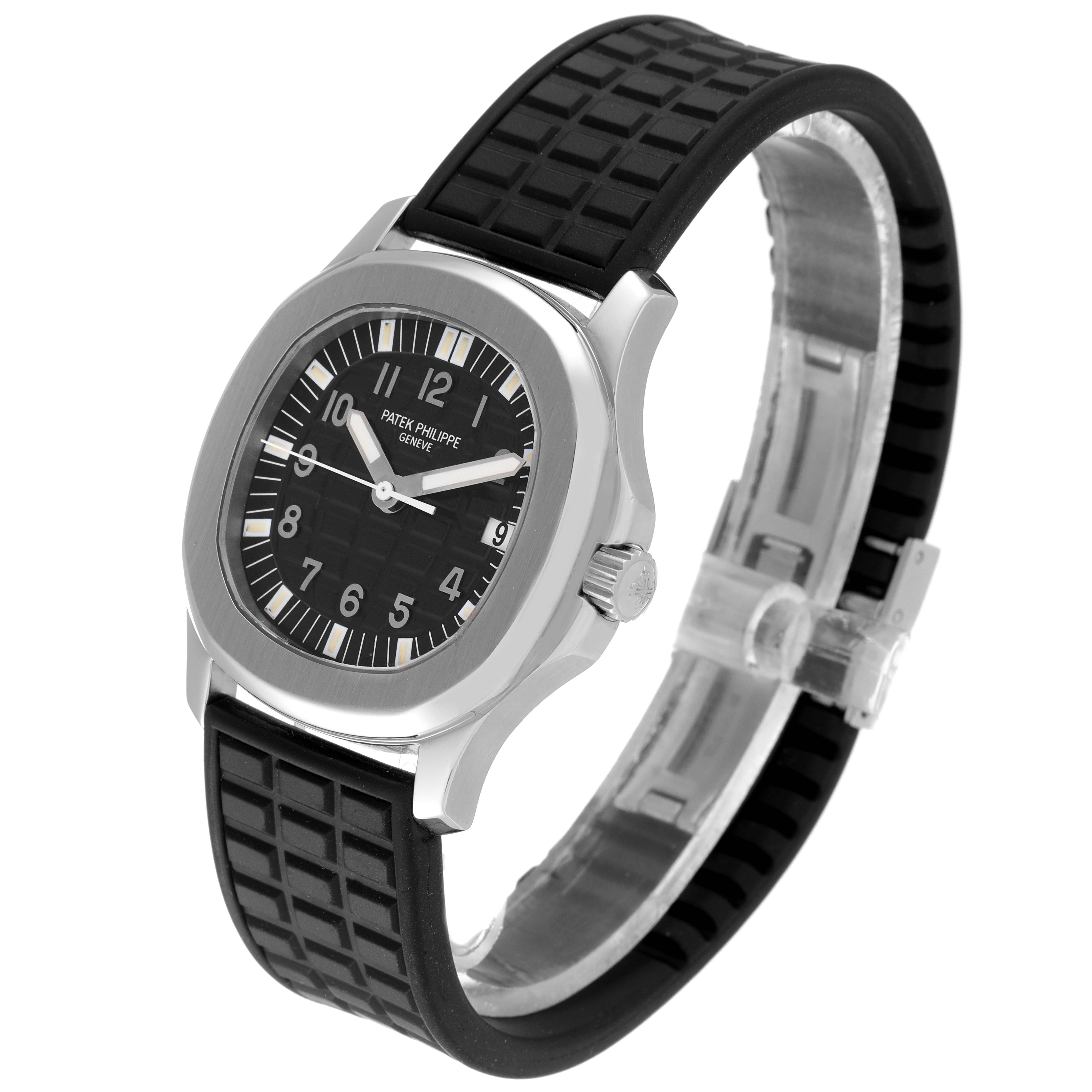 The image shows a Patek Philippe Aquanaut 5064A-001 Men's Stainless Steel Black Dial 5064A-001 Men's Stainless Steel Black Dial watch from an angled view, highlighting its face, case, rubber strap, and crown.
