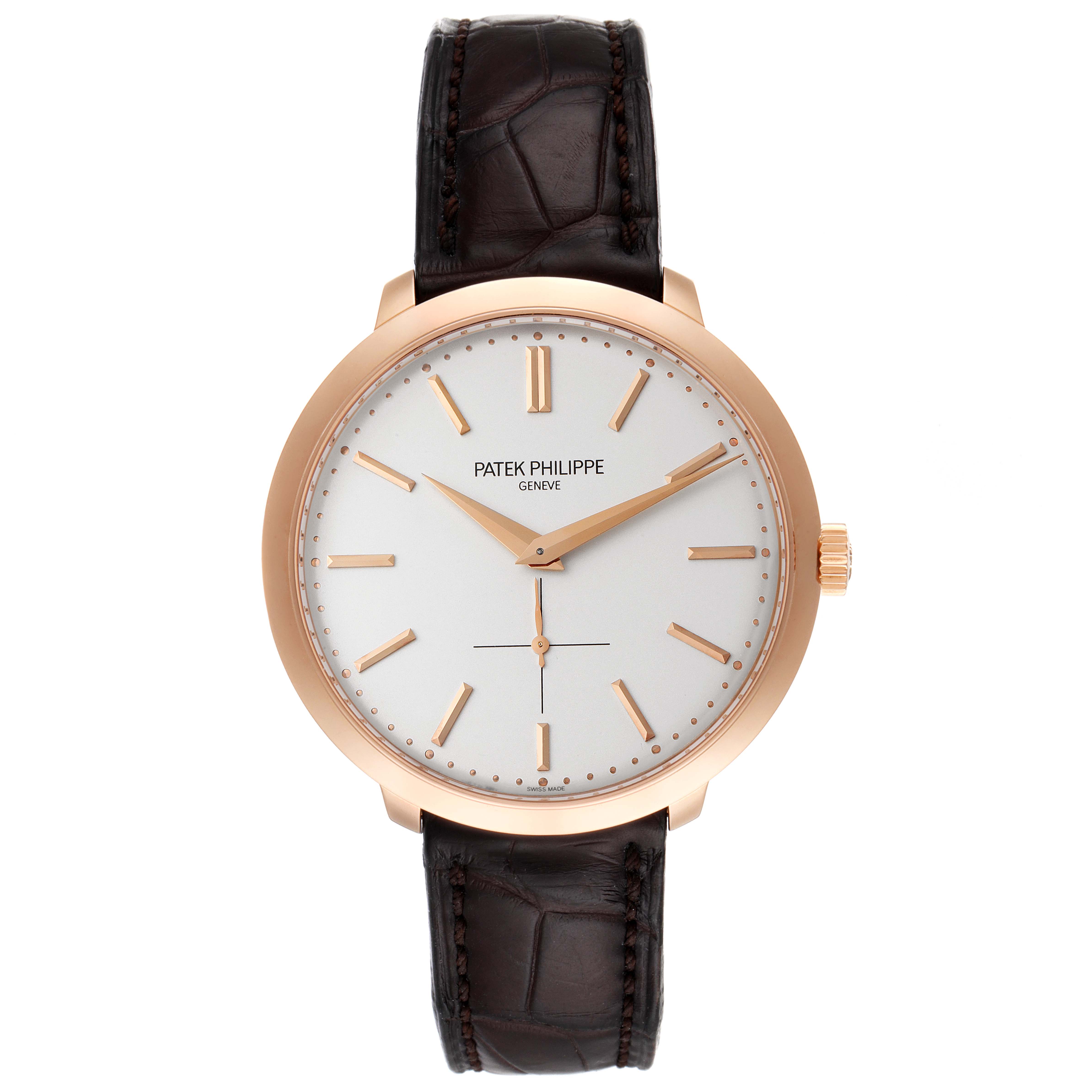 The Patek Philippe Calatrava 5123R-001 Men's Rose Gold Silver Dial 5123R-001 Men's Rose Gold Silver Dial model watch is shown from a front angle, featuring its face, bezel, crown, and leather strap.